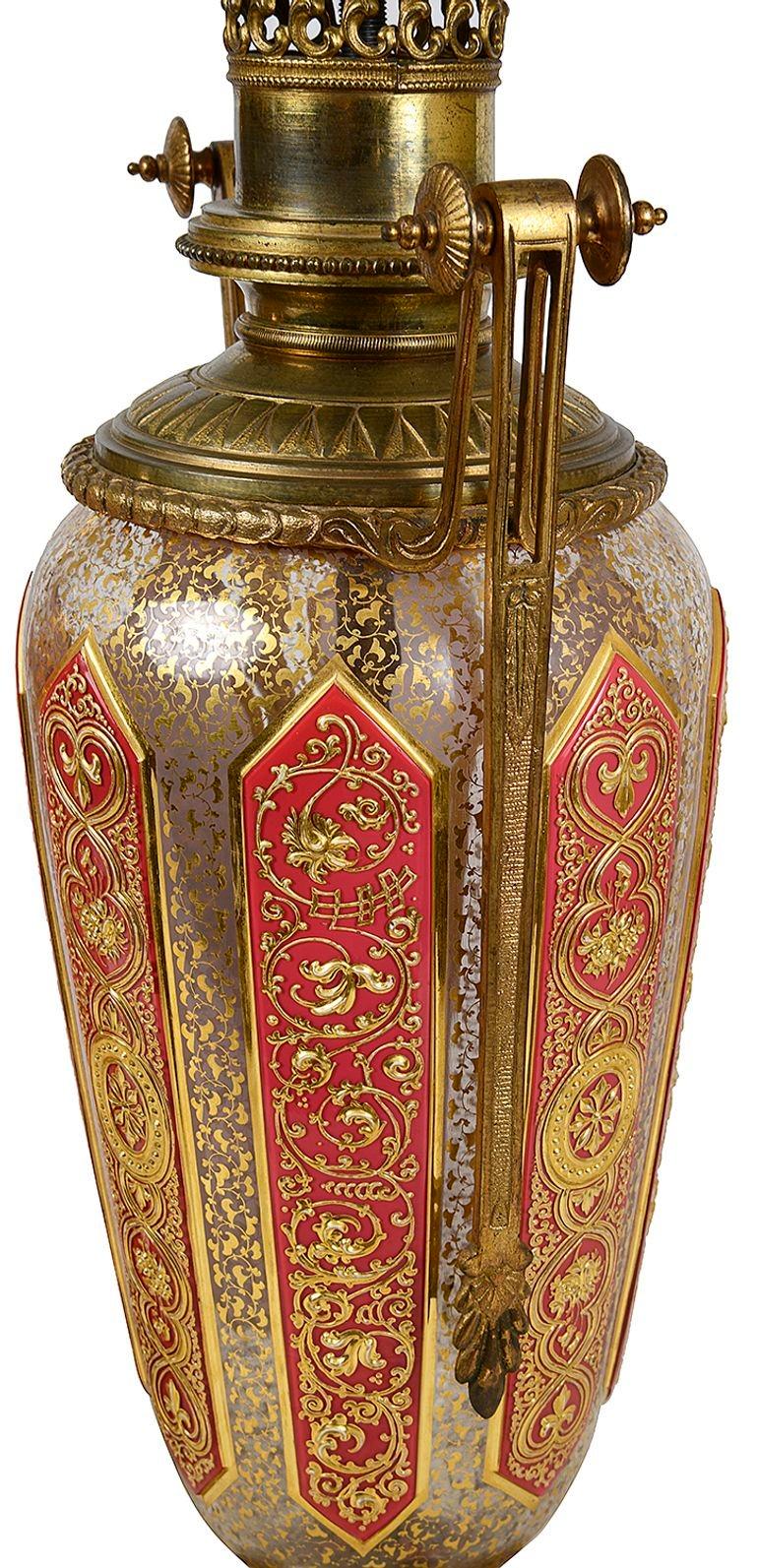 Glass Bohemian overlay glass lamps, circa 1890. For Sale