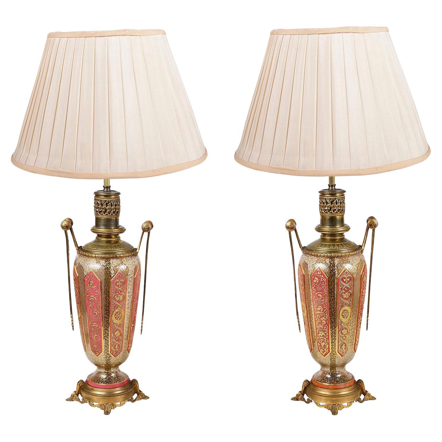 Bohemian overlay glass lamps, circa 1890.