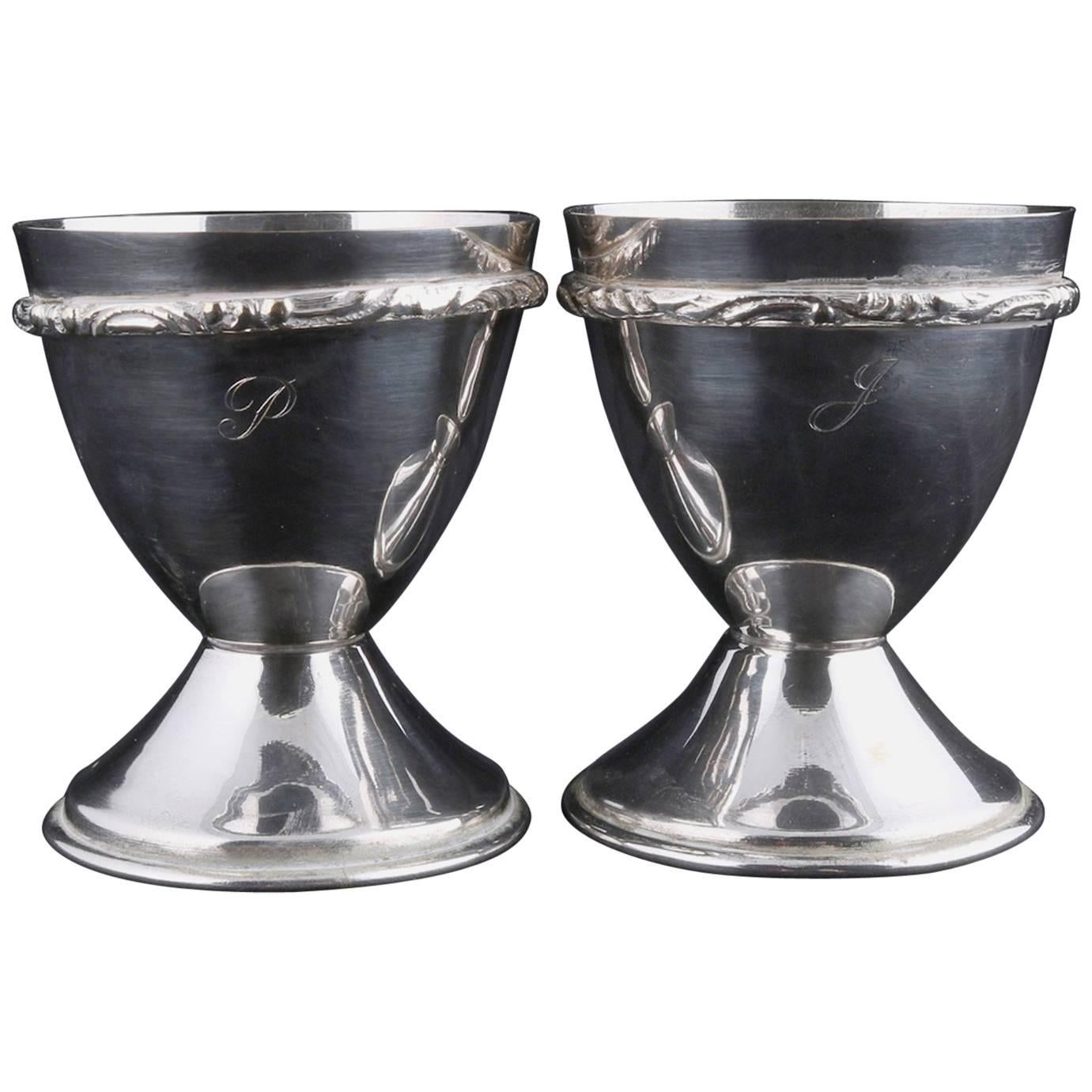 Bohemian Pair of Georg Jensen School Silver Plate Marriage Chalice Cups, P&J