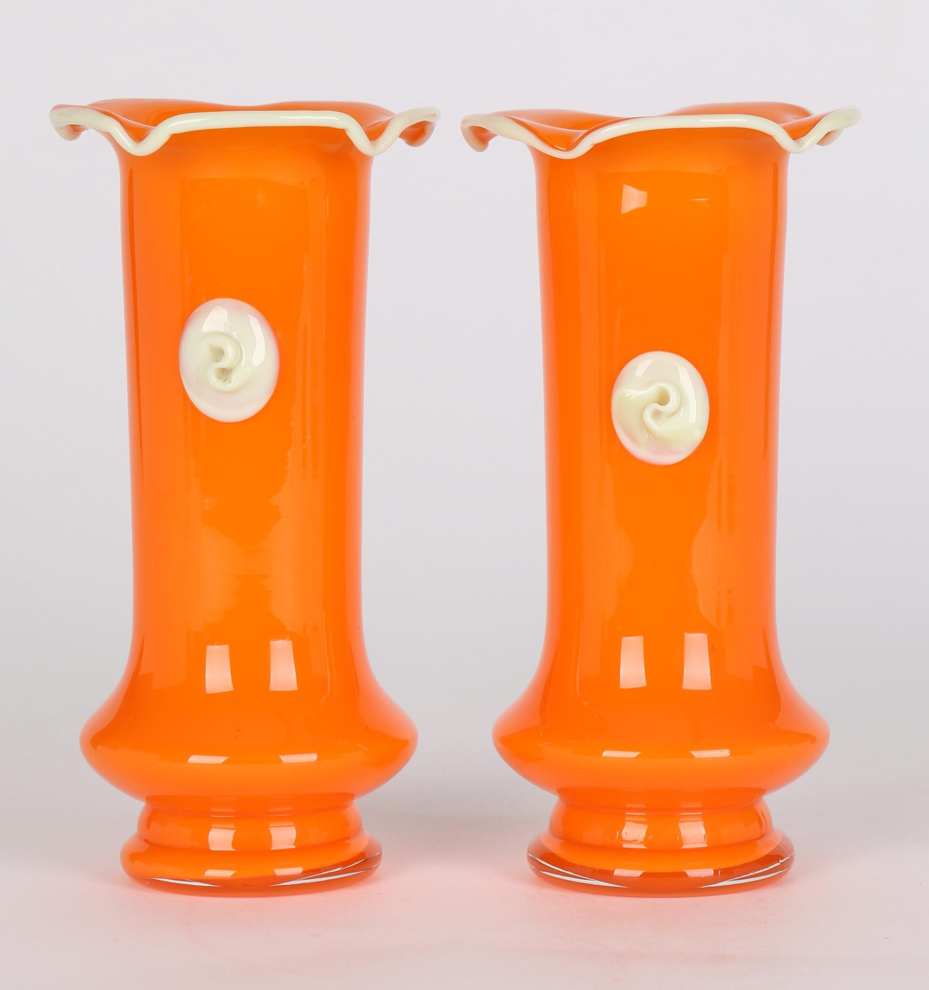 Hand-Crafted Bohemian Pair Tango Piped Glass Vases in the Manner of Loetz