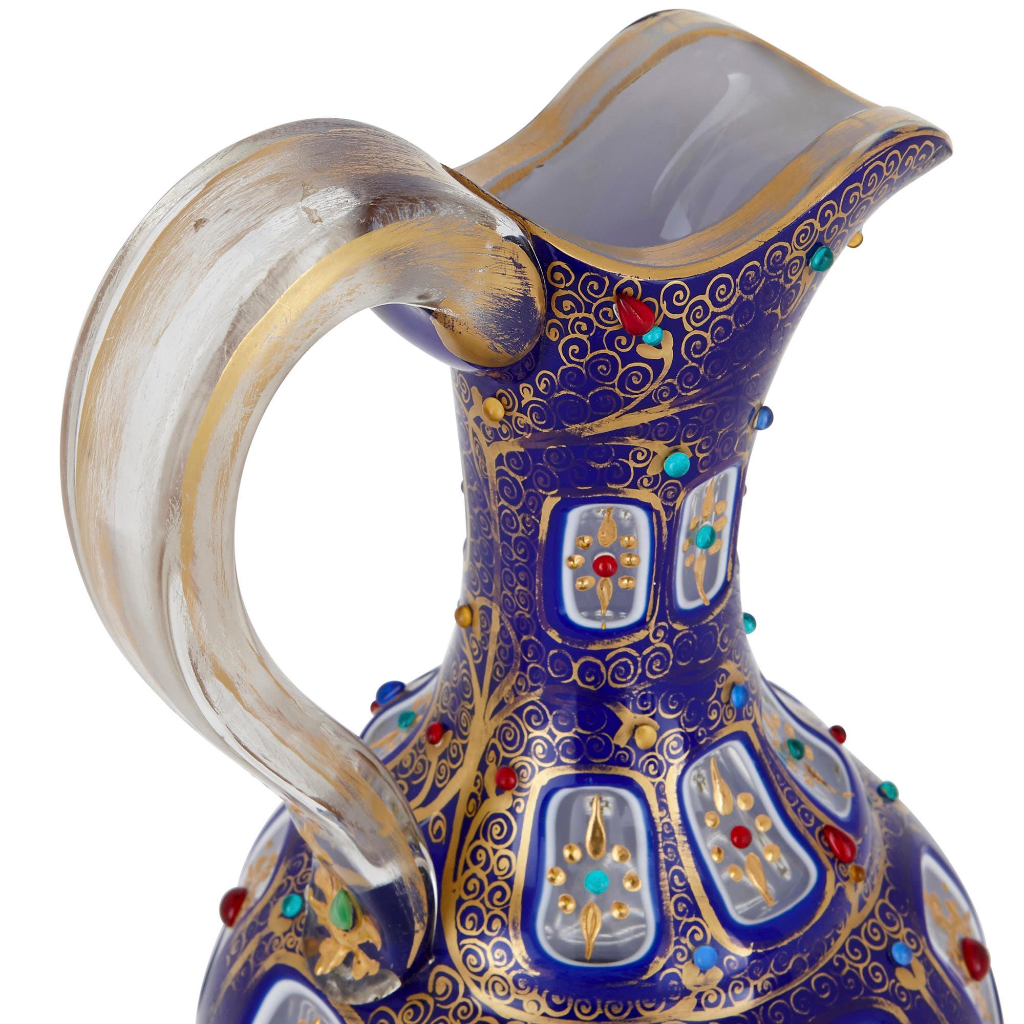 Bohemian Parcel Gilt and Enamelled Blue Overlay Glass Jug In Good Condition In London, GB