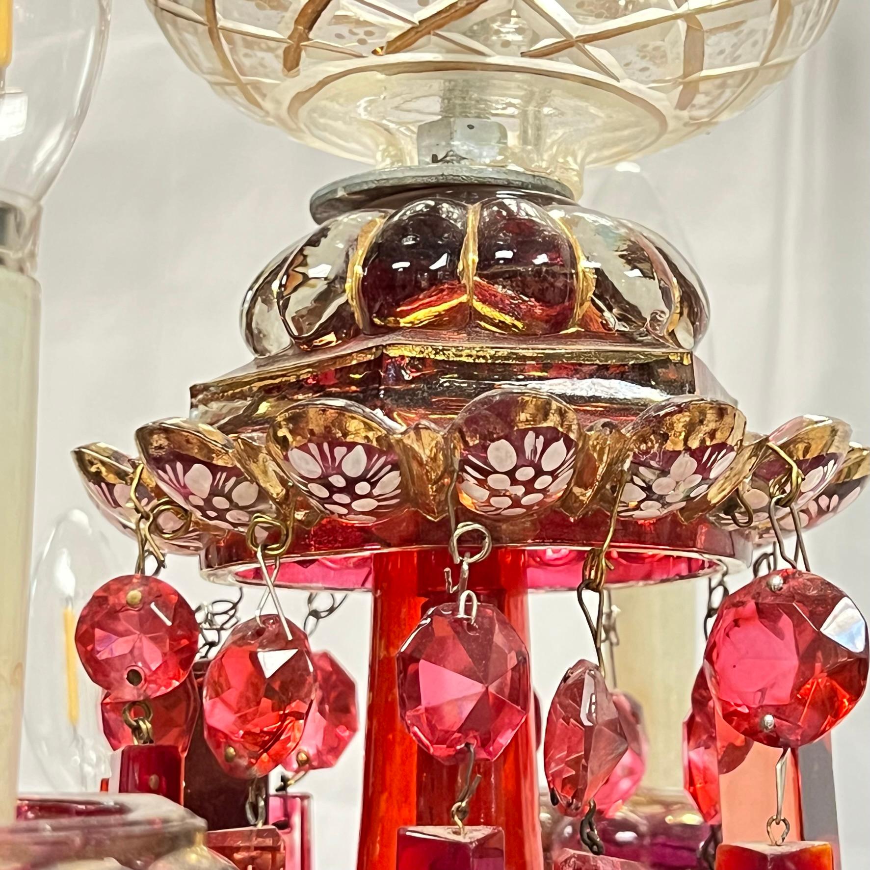  Bohemian Parcel Gilt White Enameled Red and Clear Glass Chandelier For Sale 10