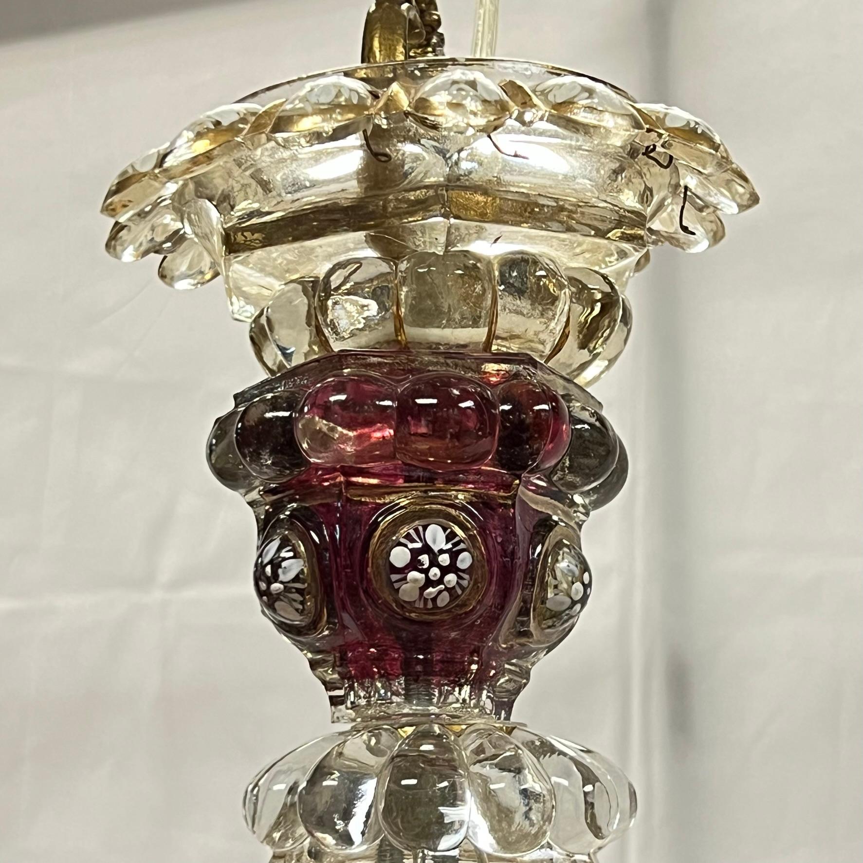  Bohemian Parcel Gilt White Enameled Red and Clear Glass Chandelier For Sale 12