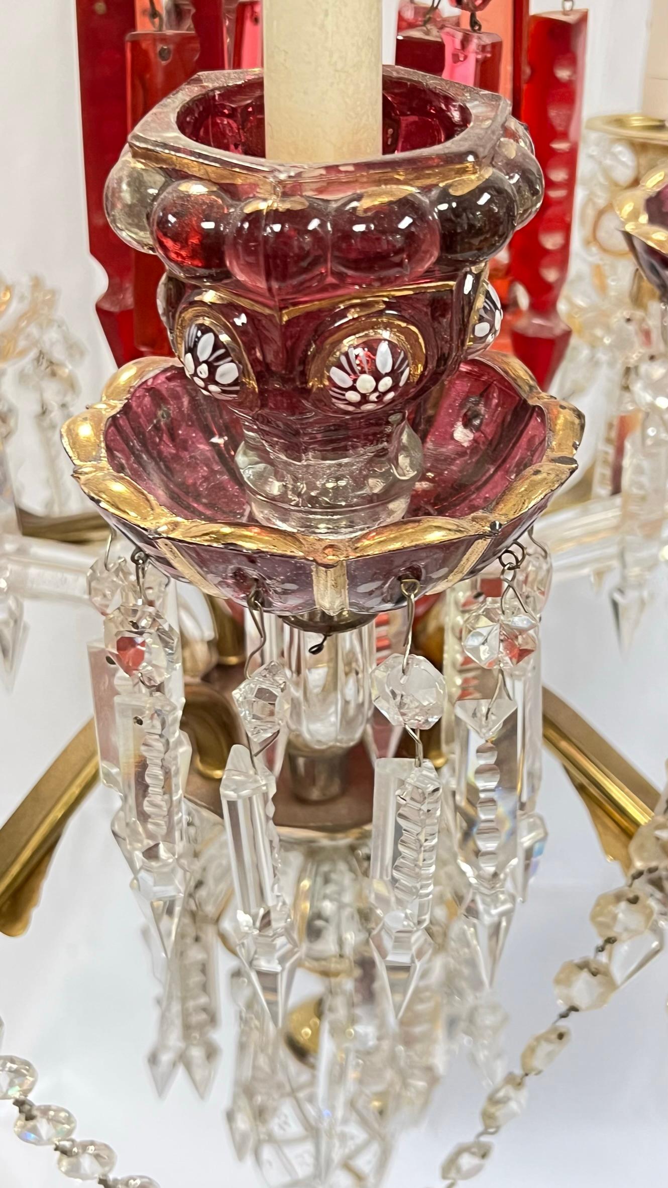 Czech  Bohemian Parcel Gilt White Enameled Red and Clear Glass Chandelier For Sale
