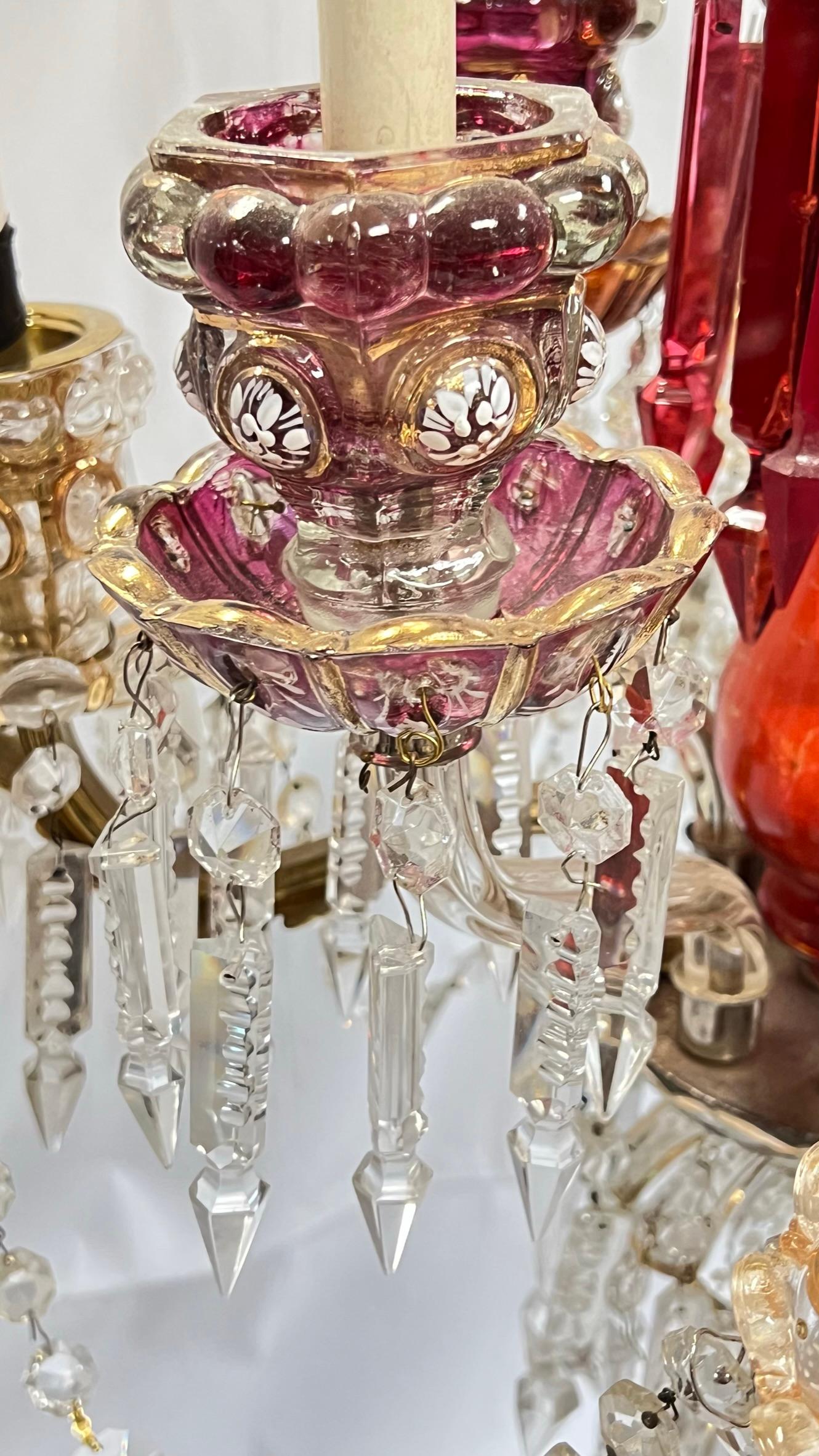 Mid-20th Century  Bohemian Parcel Gilt White Enameled Red and Clear Glass Chandelier For Sale