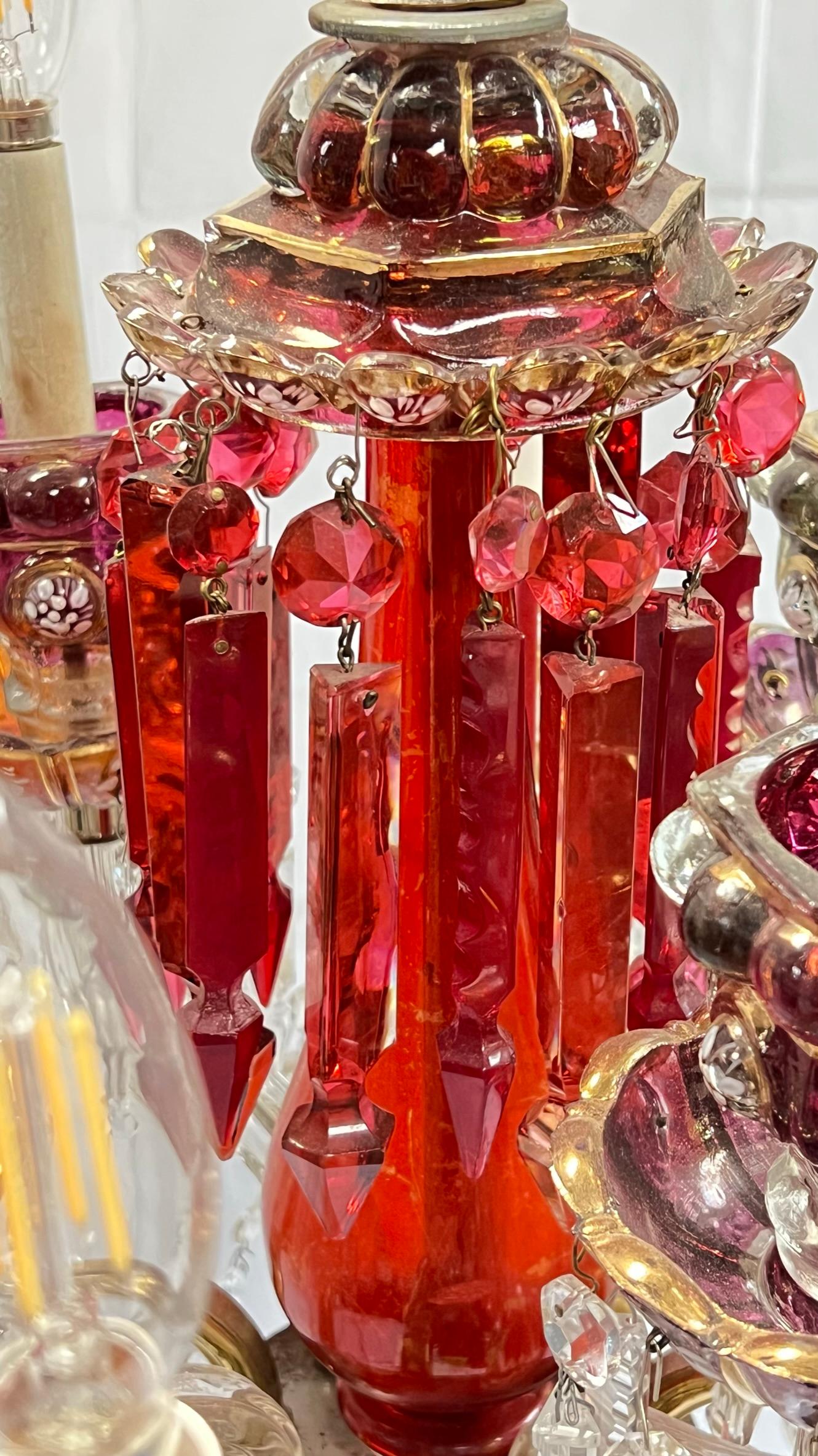  Bohemian Parcel Gilt White Enameled Red and Clear Glass Chandelier For Sale 2