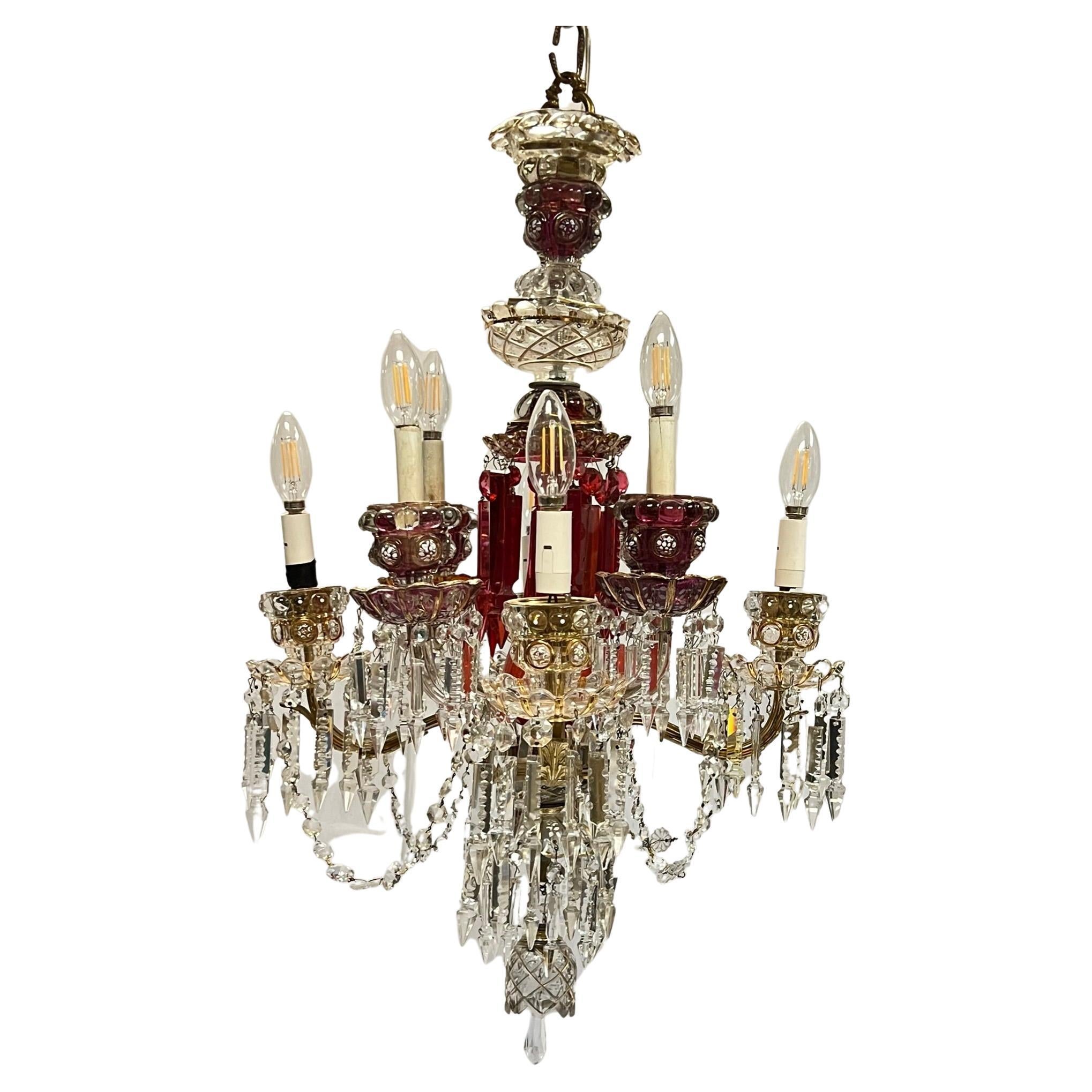 Bohemian Parcel Gilt White Enameled Red and Clear Glass Chandelier
