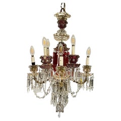 Vintage  Bohemian Parcel Gilt White Enameled Red and Clear Glass Chandelier
