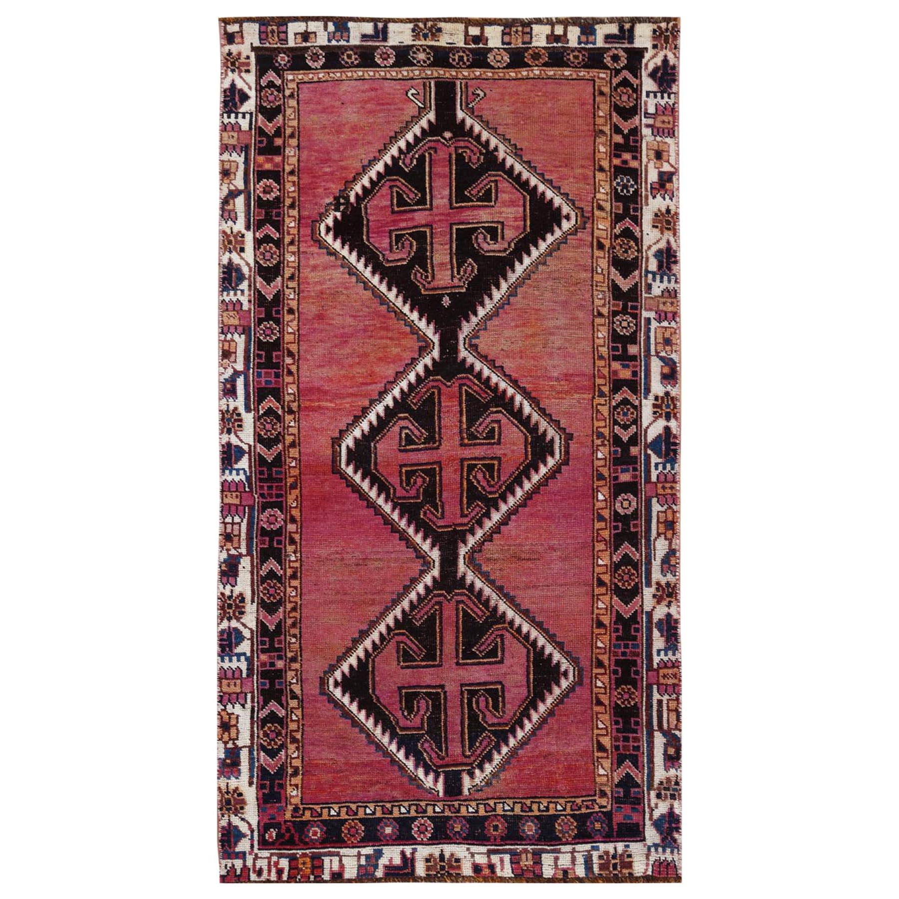 Bohemian Persian Shiraz Vintage Worn Down Wool Handmade Gallery Size Runner Rug