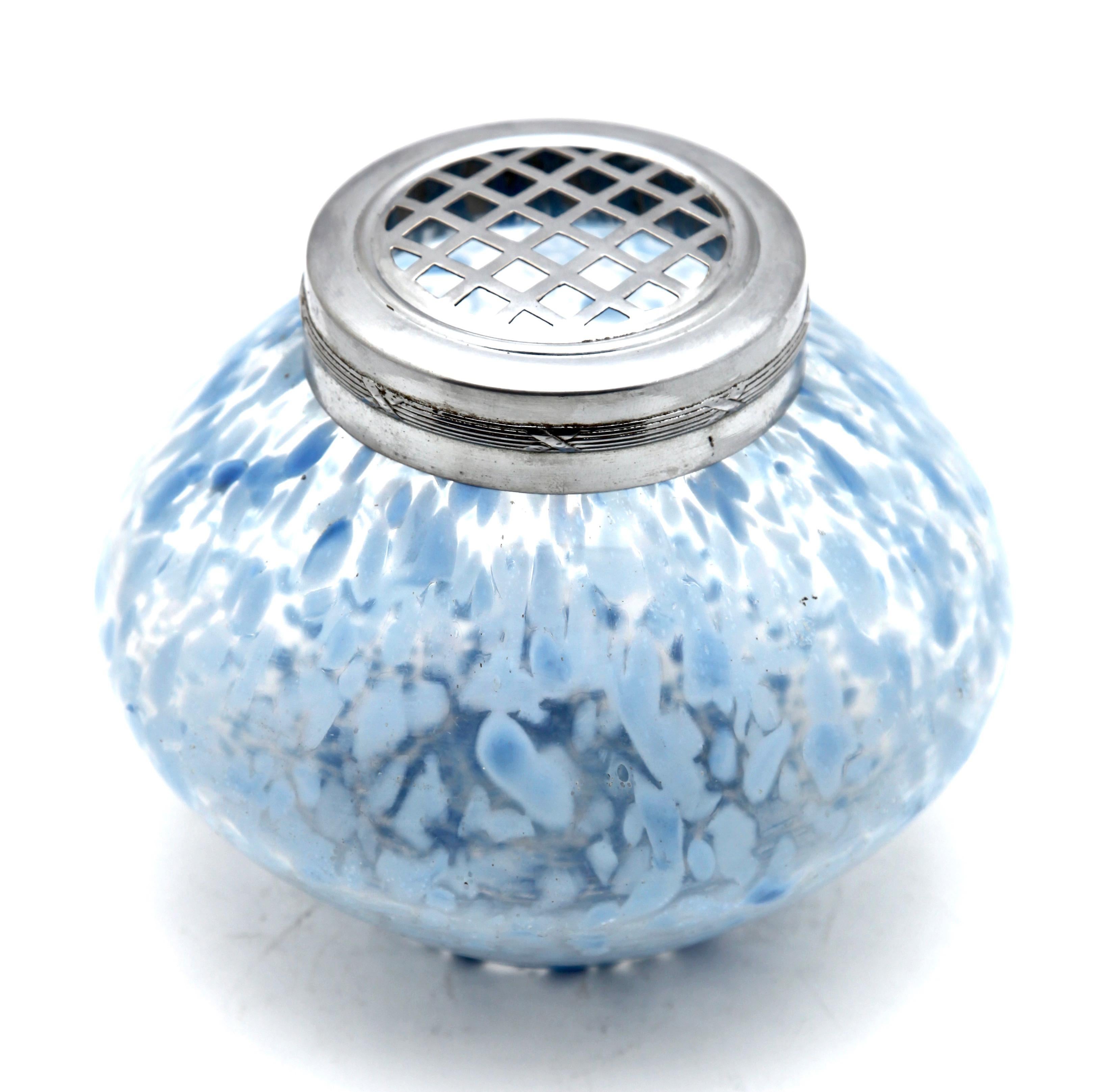 Art Nouveau Bohemian 'Pique Fleurs' Vase with Grille, Flecked with Blue, Late 1930s For Sale