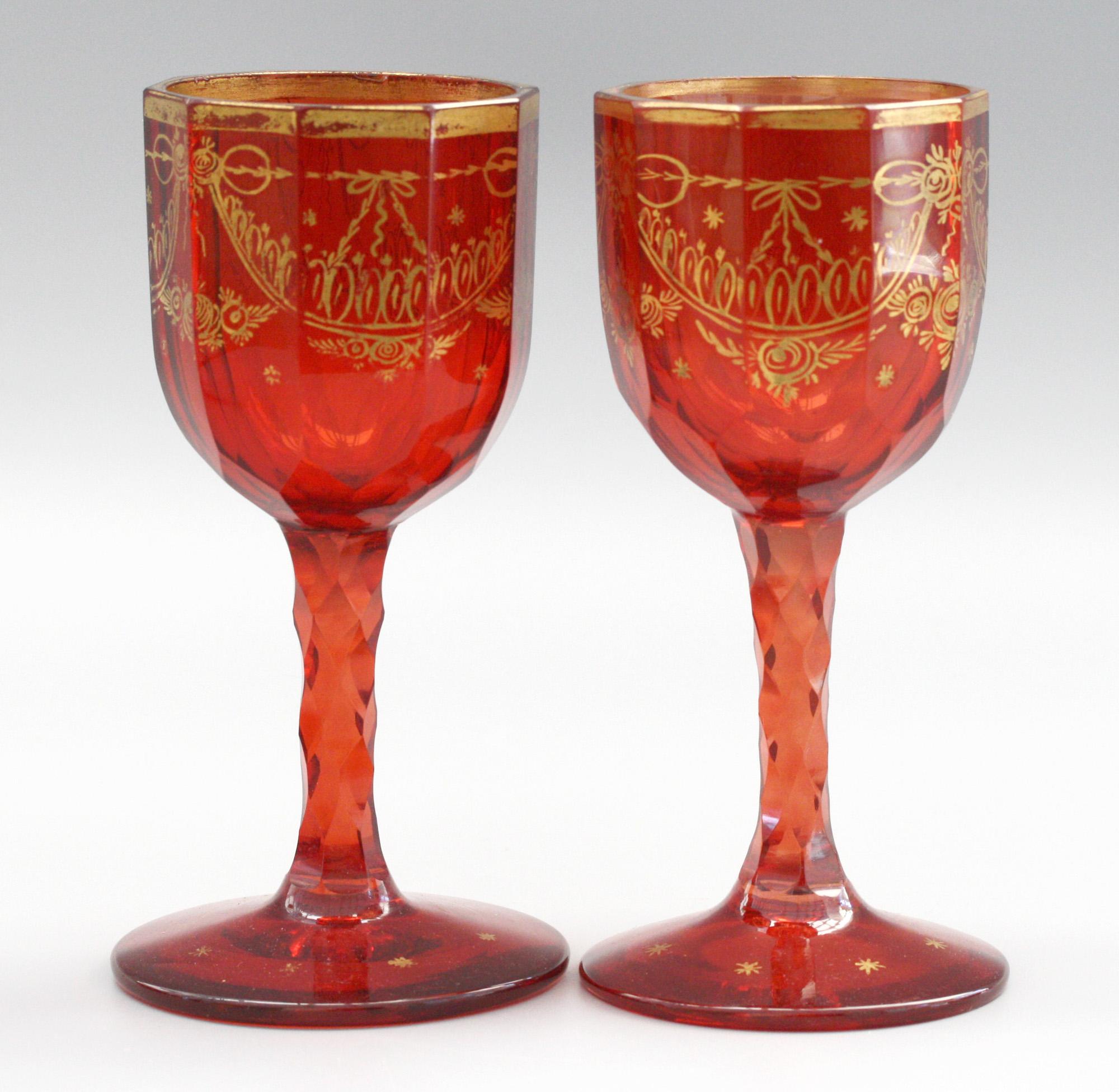 Bohemian Rare Set Eight Ruby Gilded and Facet Cut Georgian Wine Glasses 1