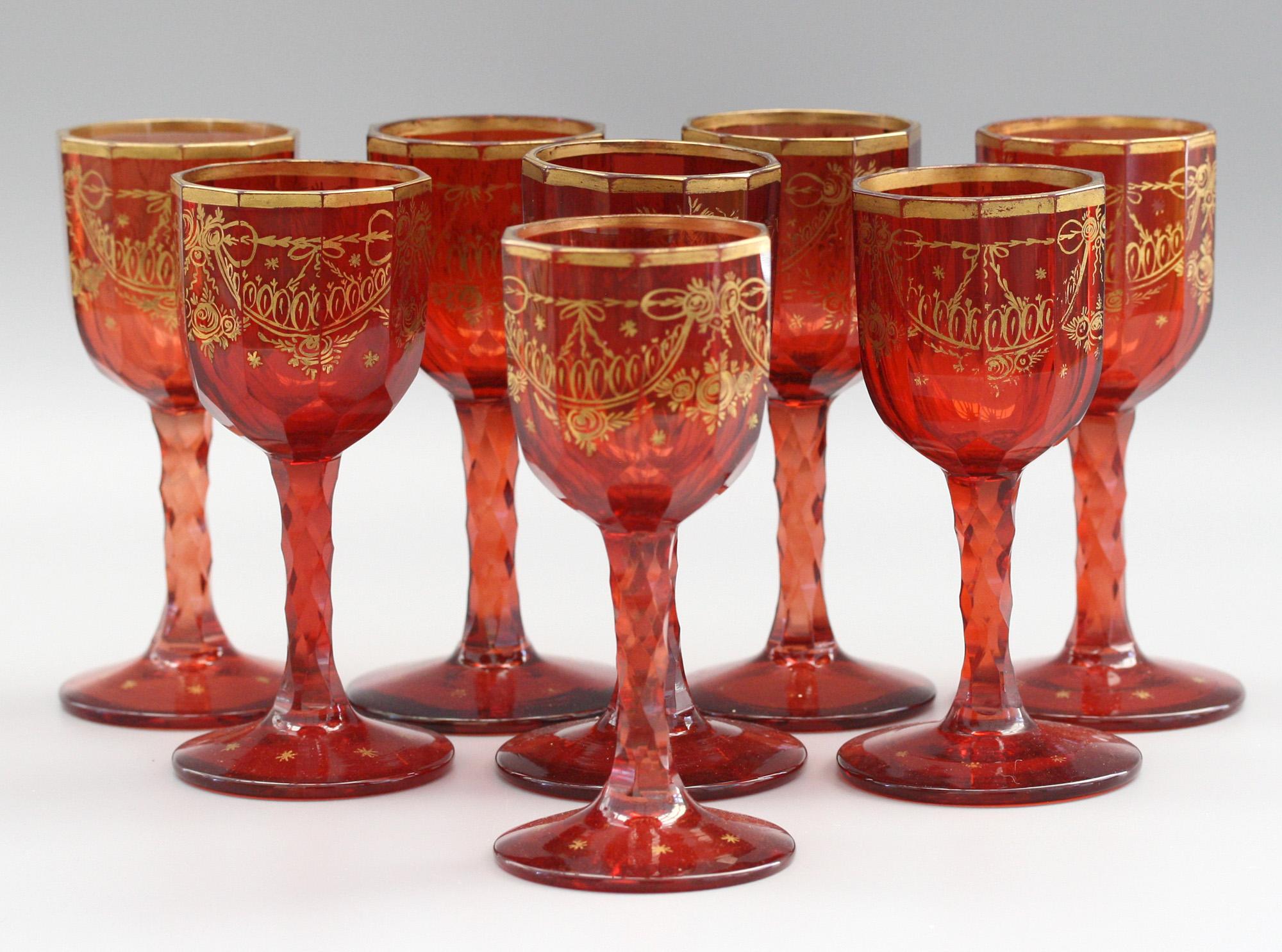Bohemian Rare Set Eight Ruby Gilded and Facet Cut Georgian Wine Glasses 2