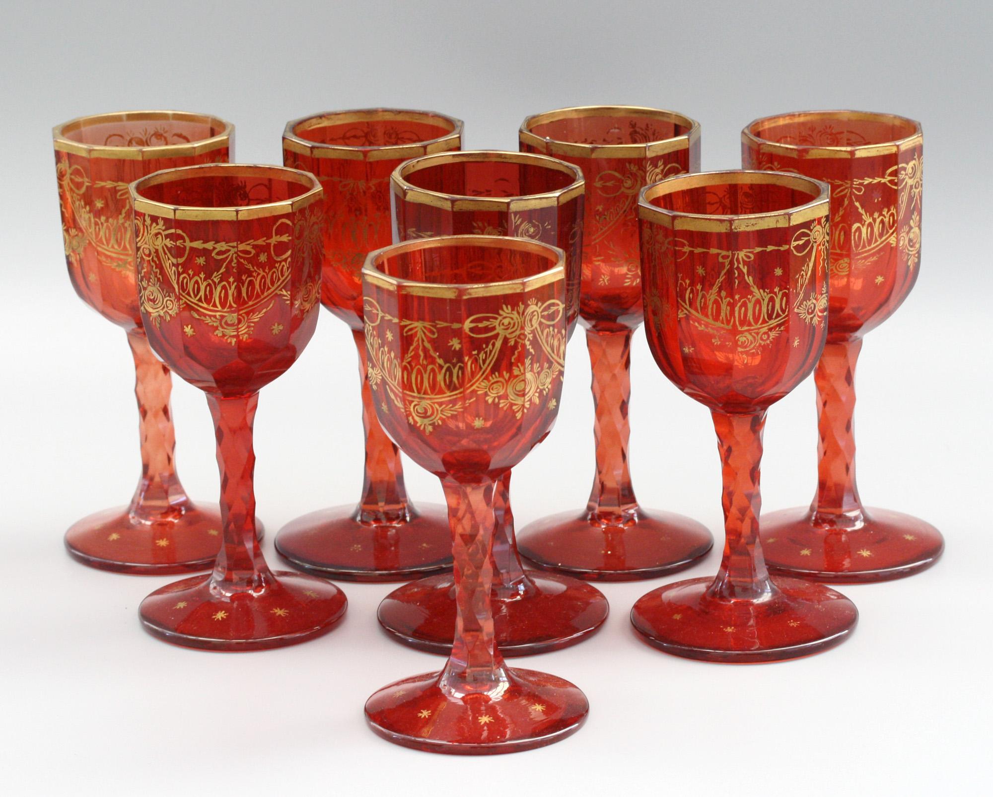 Bohemian Rare Set Eight Ruby Gilded and Facet Cut Georgian Wine Glasses 3