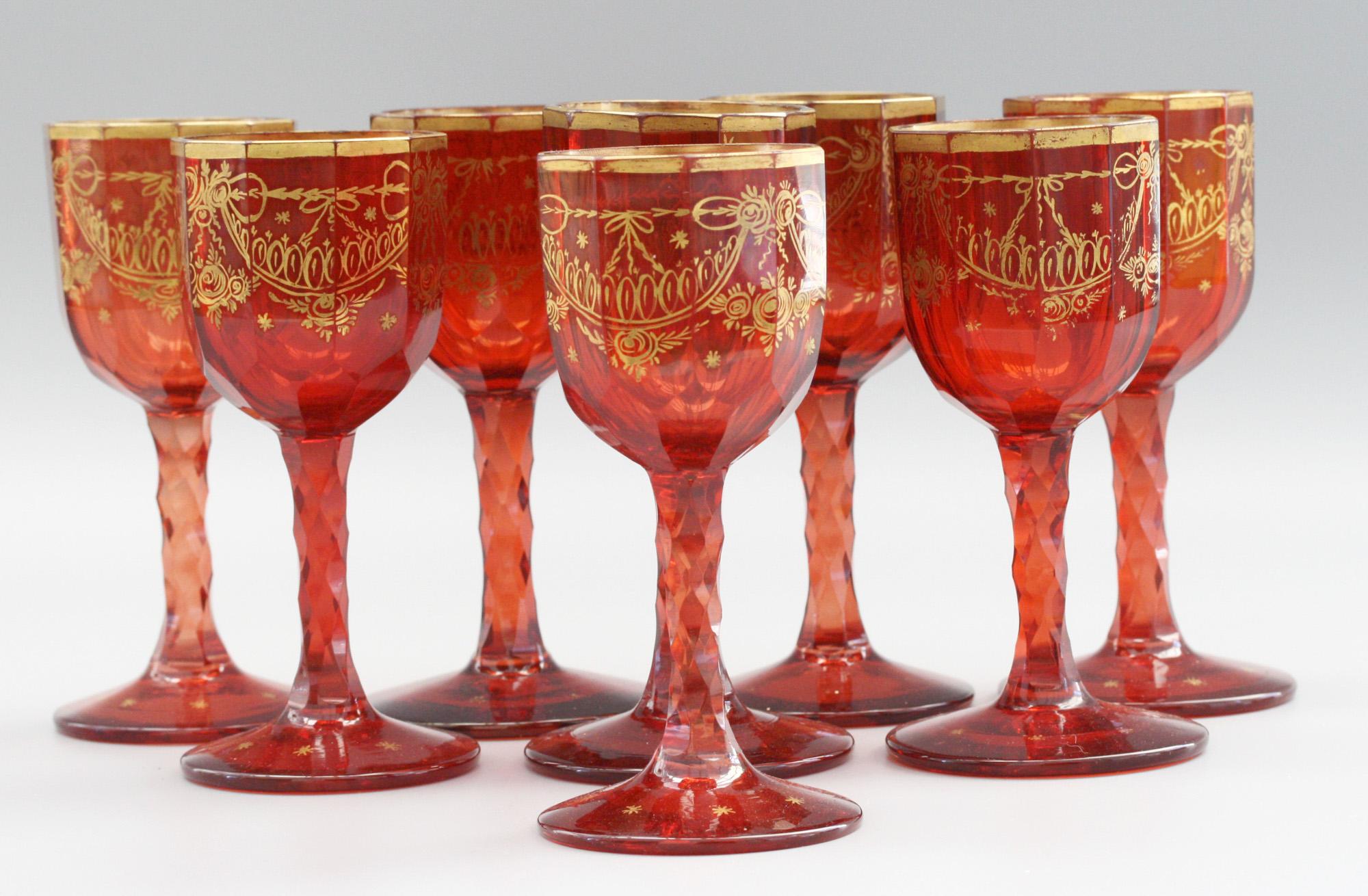 Bohemian Rare Set Eight Ruby Gilded and Facet Cut Georgian Wine Glasses 4