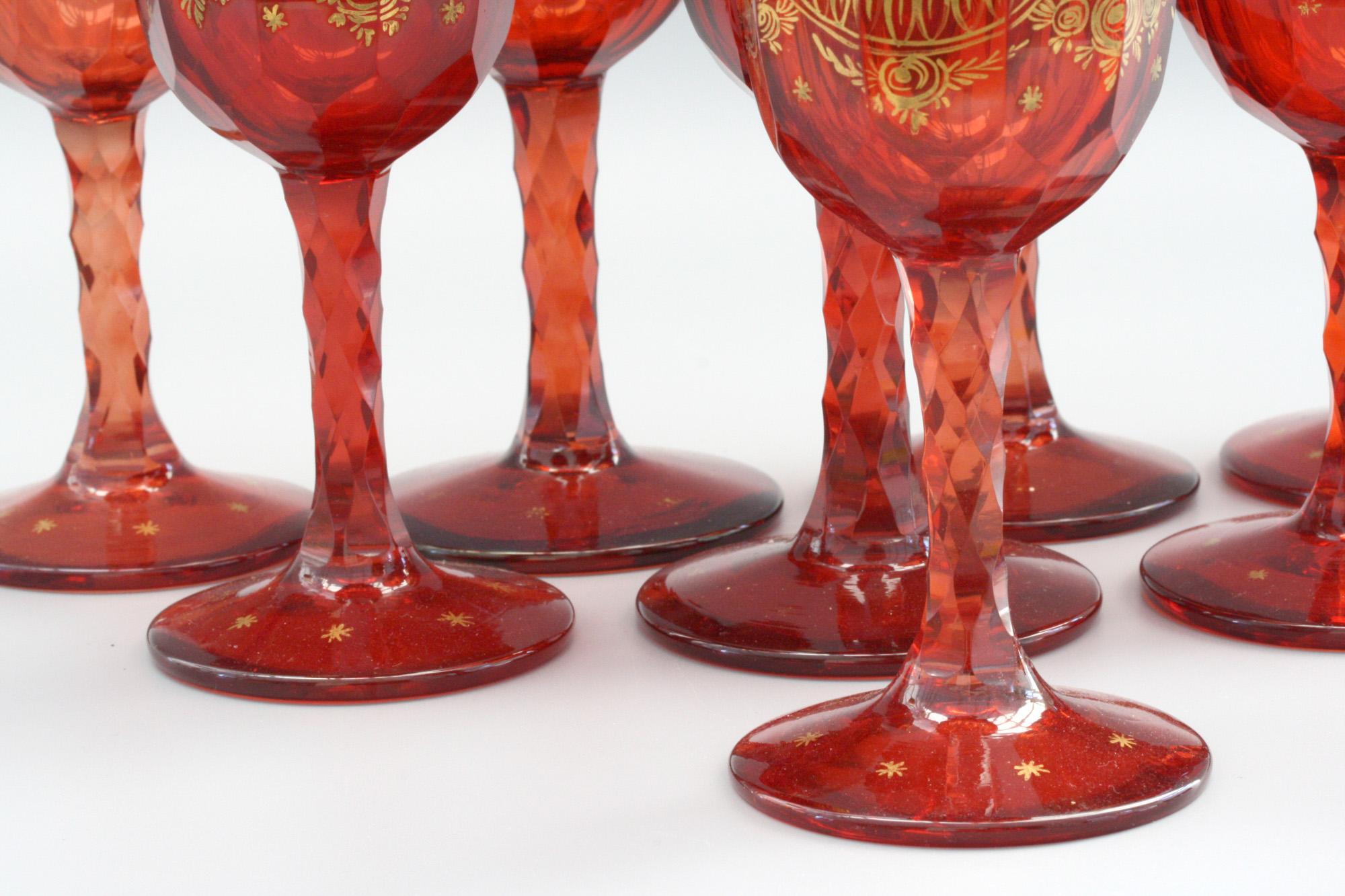 Bohemian Rare Set Eight Ruby Gilded and Facet Cut Georgian Wine Glasses 5