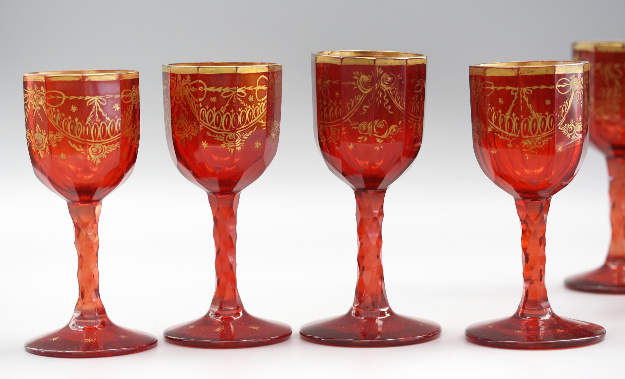 Bohemian Rare Set Eight Ruby Gilded and Facet Cut Georgian Wine Glasses 6