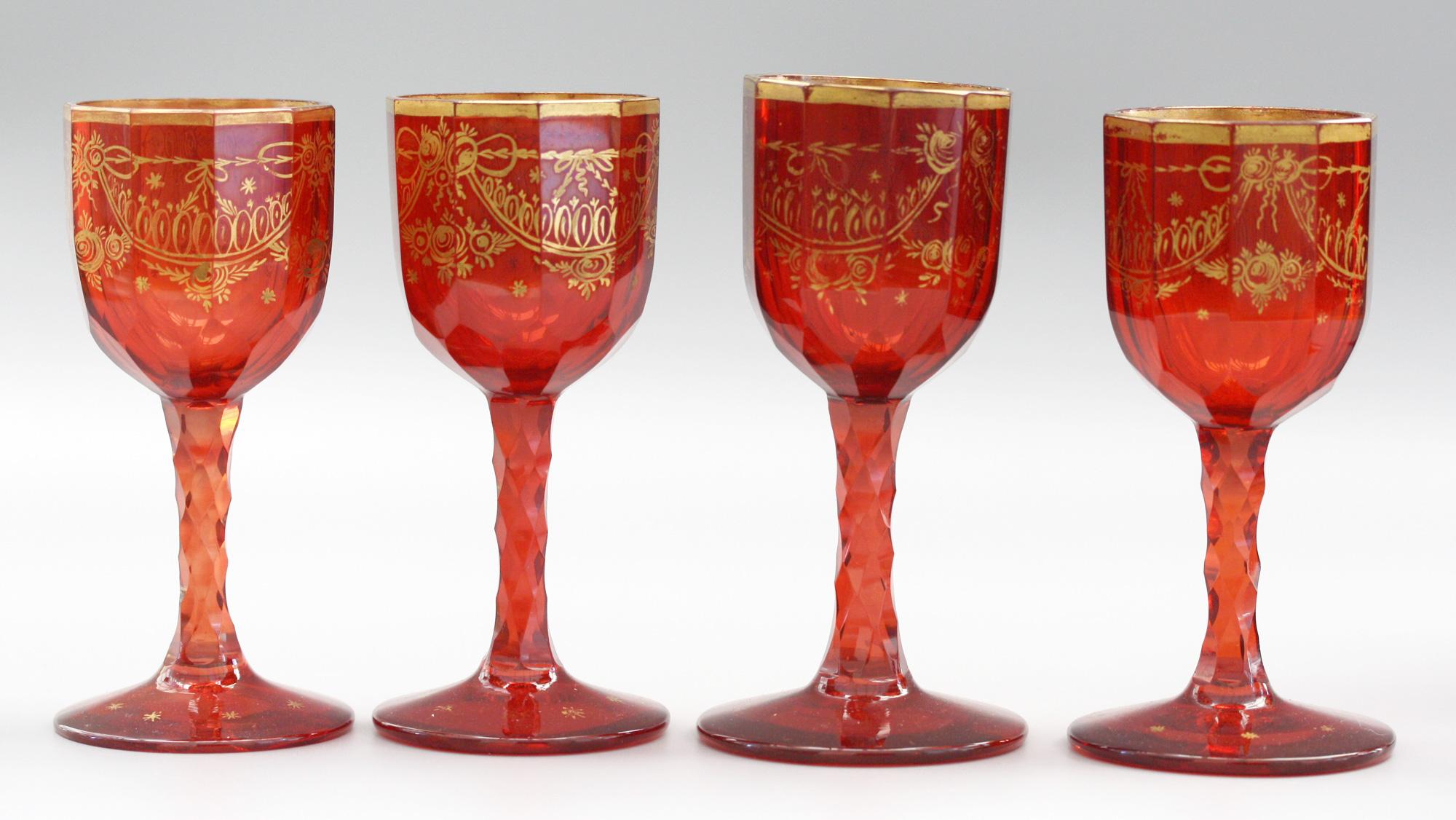 Bohemian Rare Set Eight Ruby Gilded and Facet Cut Georgian Wine Glasses 7