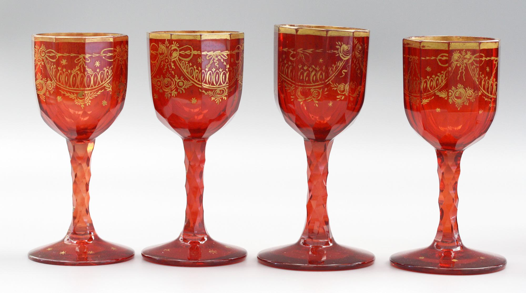 Bohemian Rare Set Eight Ruby Gilded and Facet Cut Georgian Wine Glasses 8