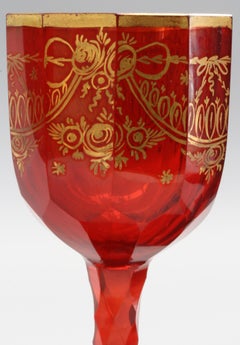 Bohemian Rare Set Eight Ruby Gilded and Facet Cut Georgian Wine Glasses