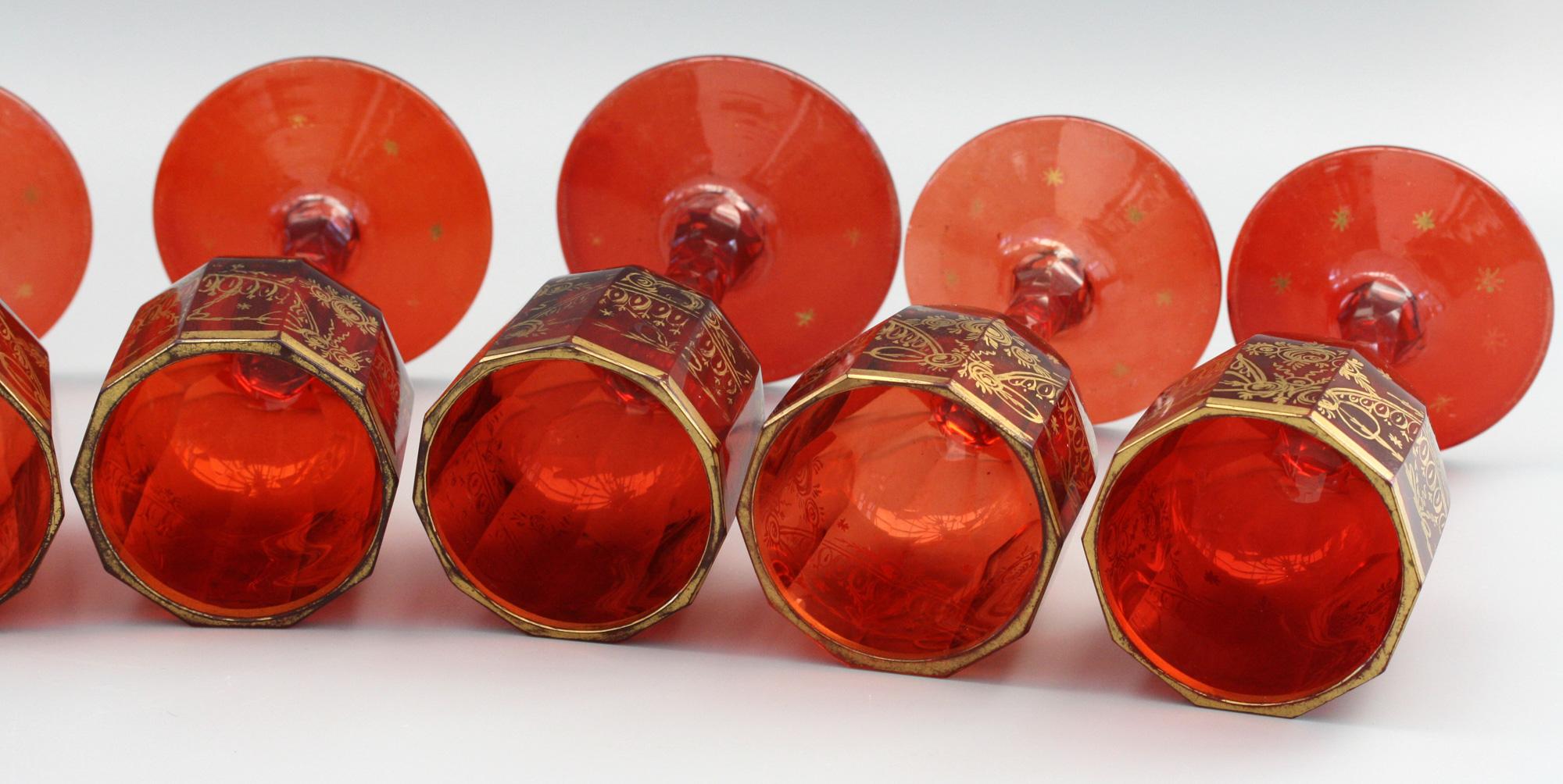 Czech Bohemian Rare Set Eight Ruby Gilded and Facet Cut Georgian Wine Glasses