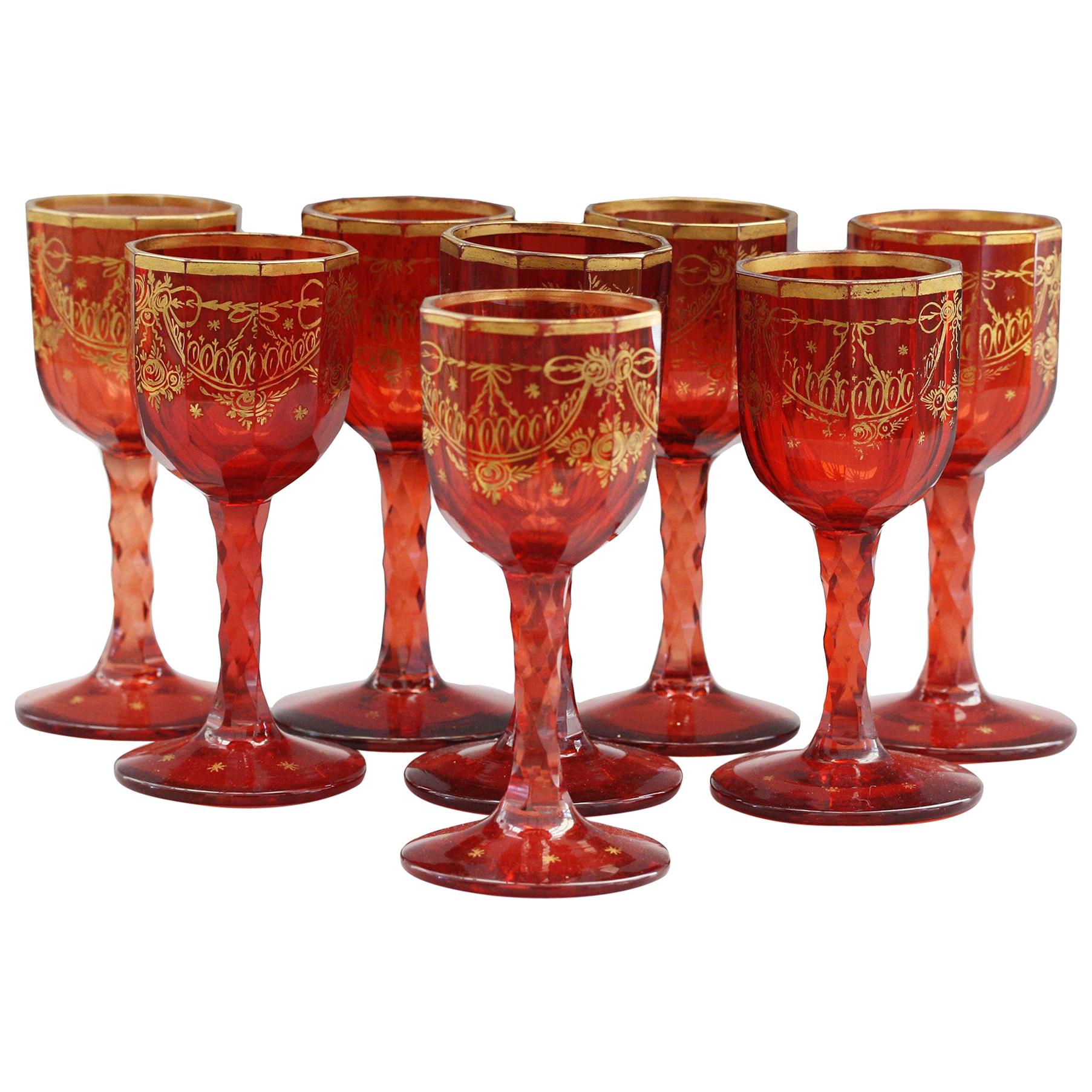 Bohemian Rare Set Eight Ruby Gilded and Facet Cut Georgian Wine Glasses