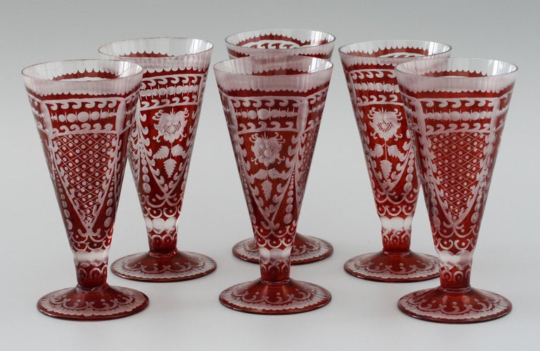 Bohemian Rare Set Six Red Flash Overlay Cordial Glasses For Sale at