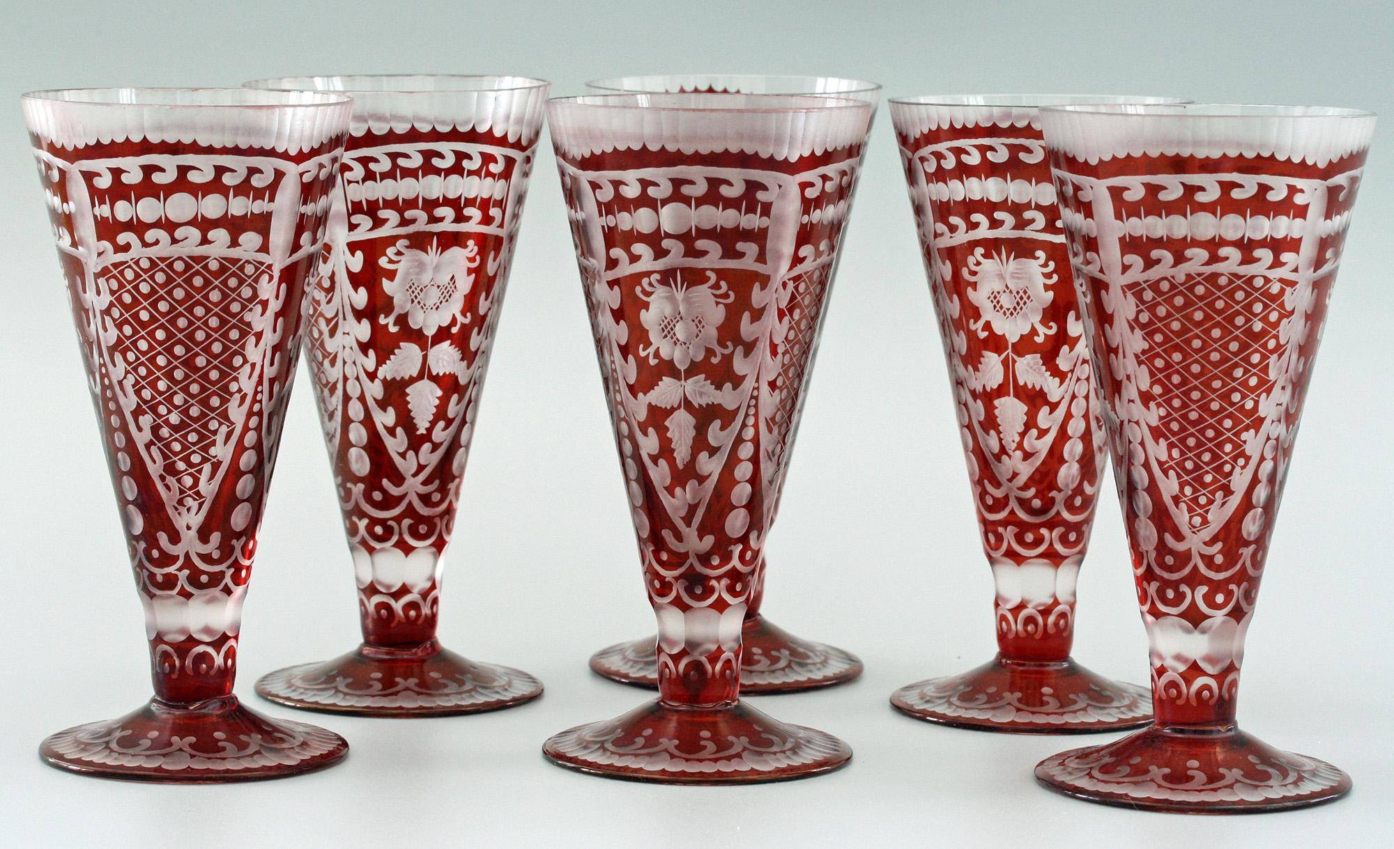 Bohemian Rare Set Six Red Flash Overlay Cordial Glasses  For Sale 3