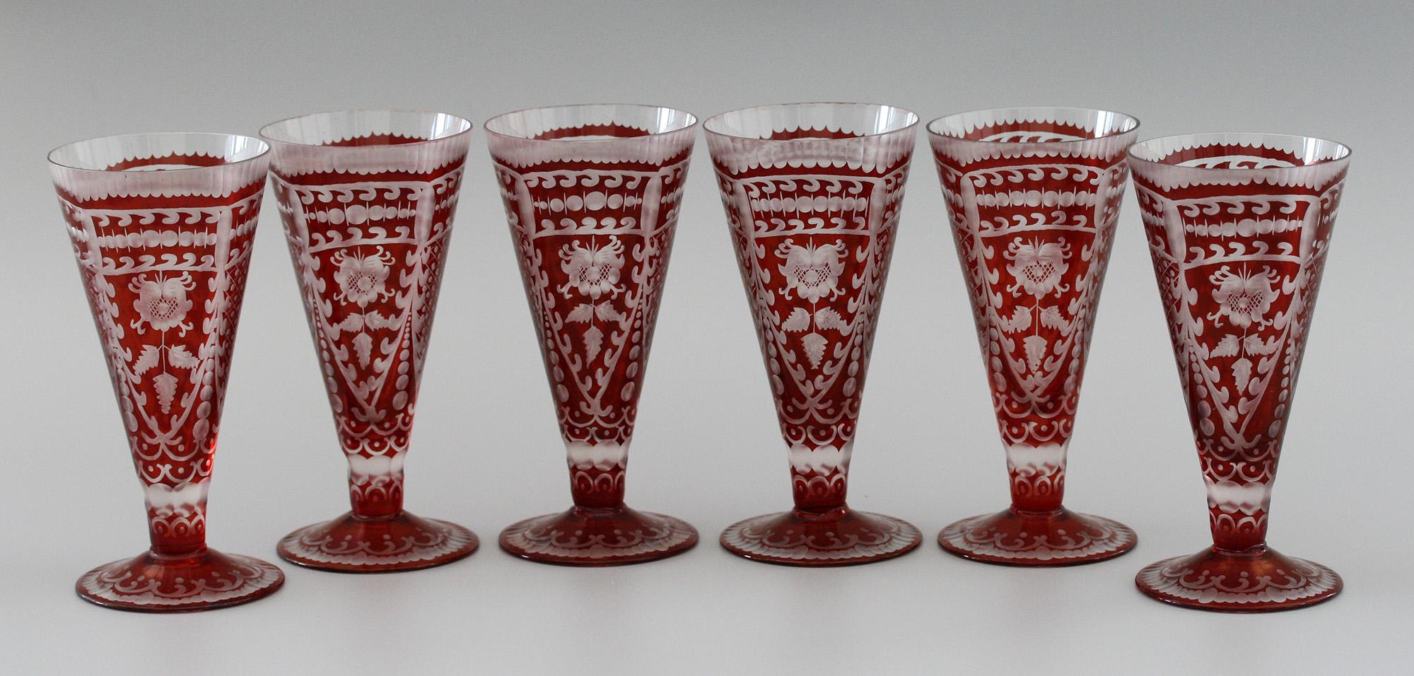 Bohemian Rare Set Six Red Flash Overlay Cordial Glasses  For Sale 4