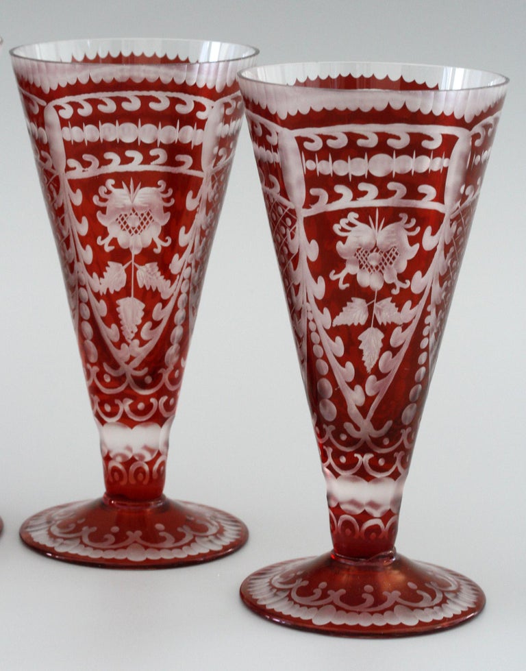 Bohemian Rare Set Six Red Flash Overlay Cordial Glasses For Sale at