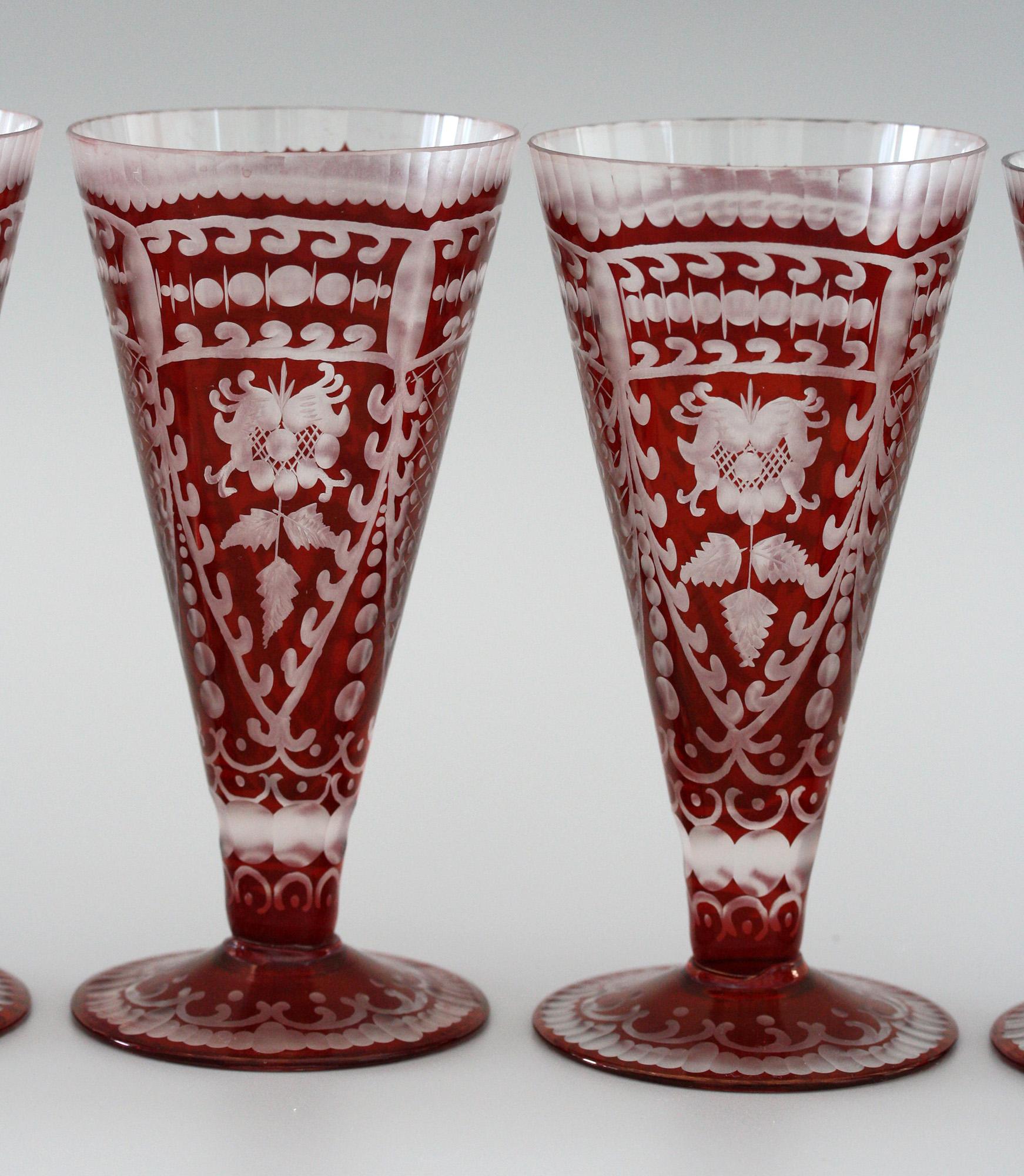 Bohemian Rare Set Six Red Flash Overlay Cordial Glasses  For Sale 6