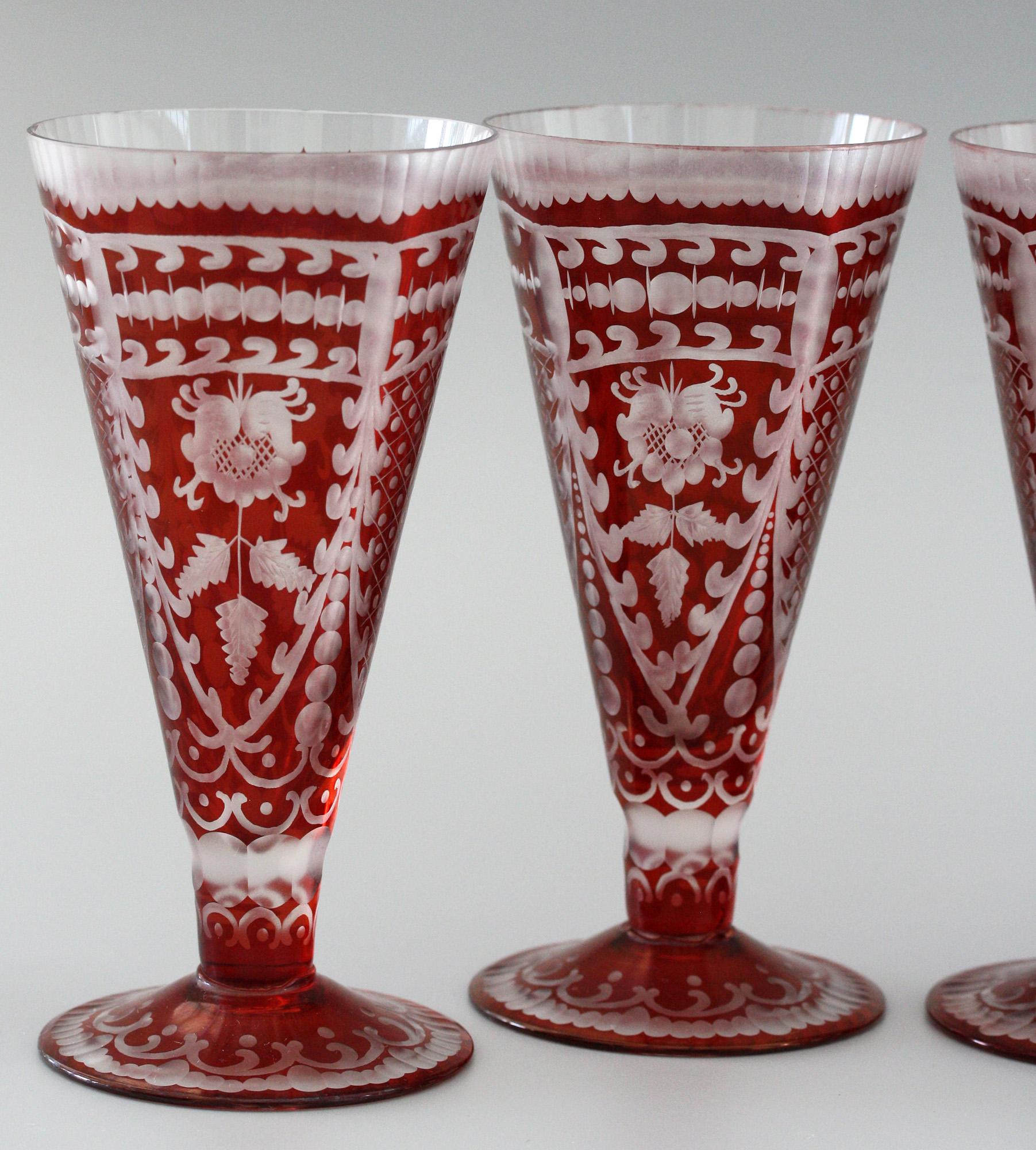 Bohemian Rare Set Six Red Flash Overlay Cordial Glasses  For Sale 7