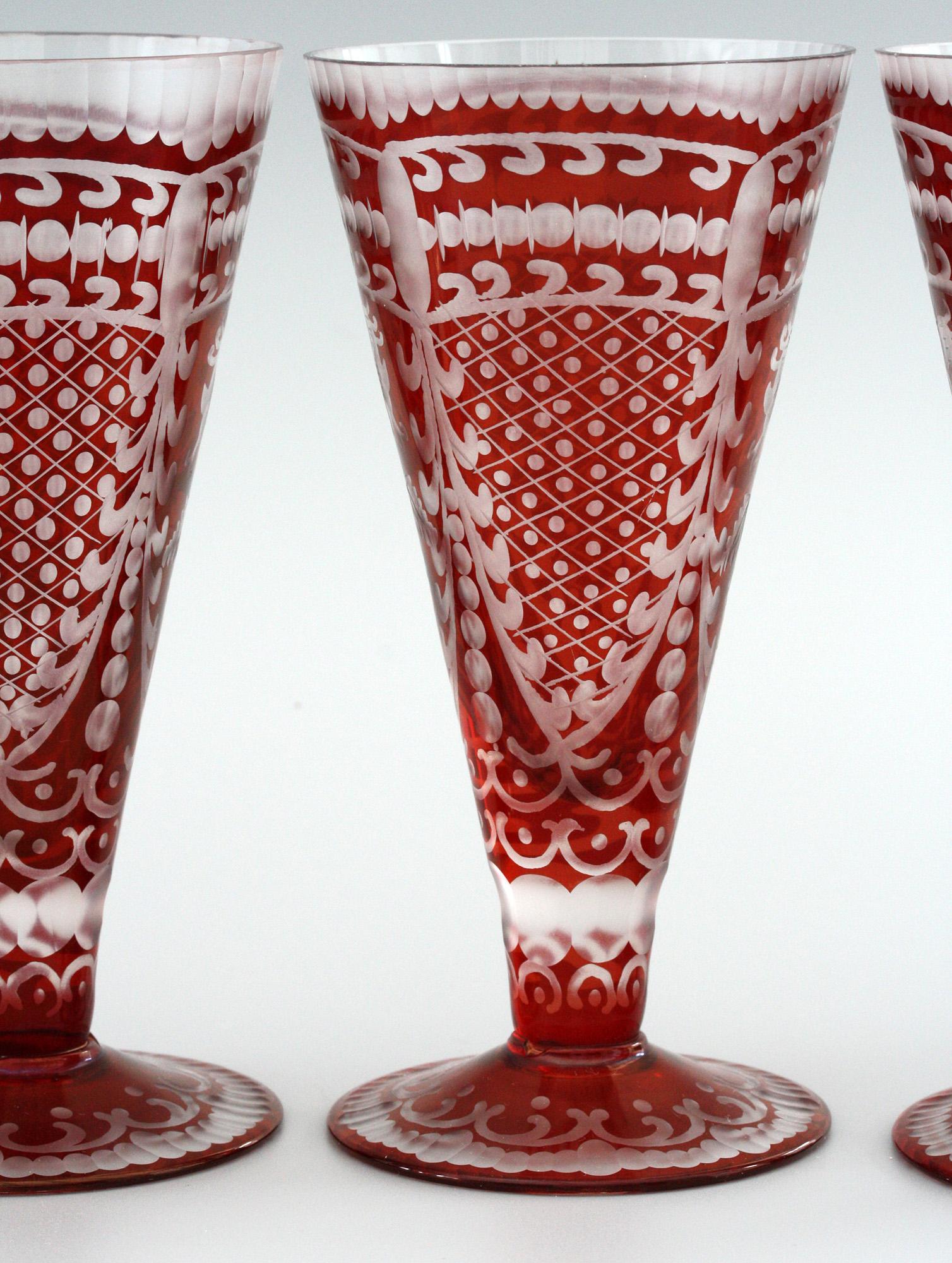 Etched Bohemian Rare Set Six Red Flash Overlay Cordial Glasses  For Sale