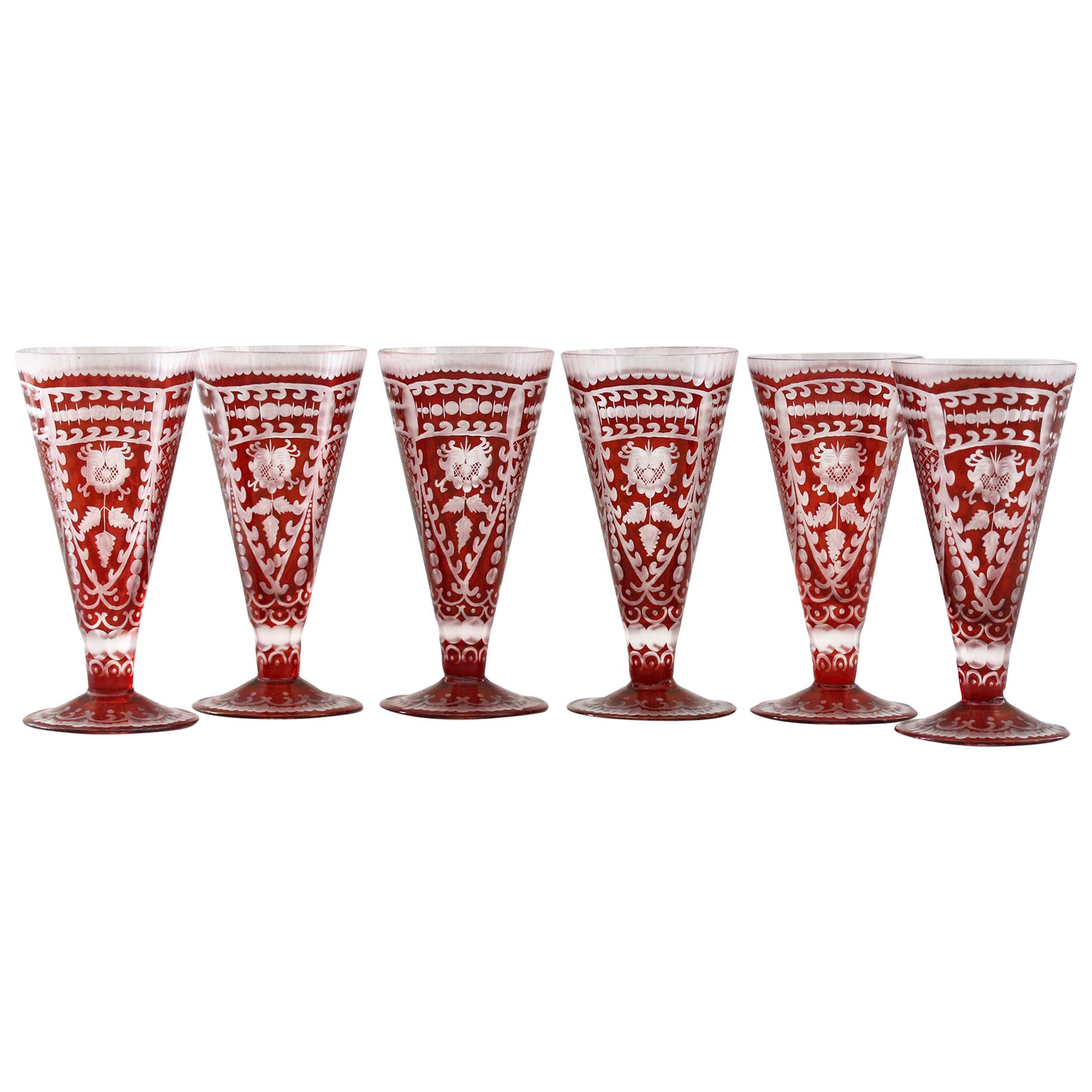 Bohemian Rare Set Six Red Flash Overlay Cordial Glasses  For Sale