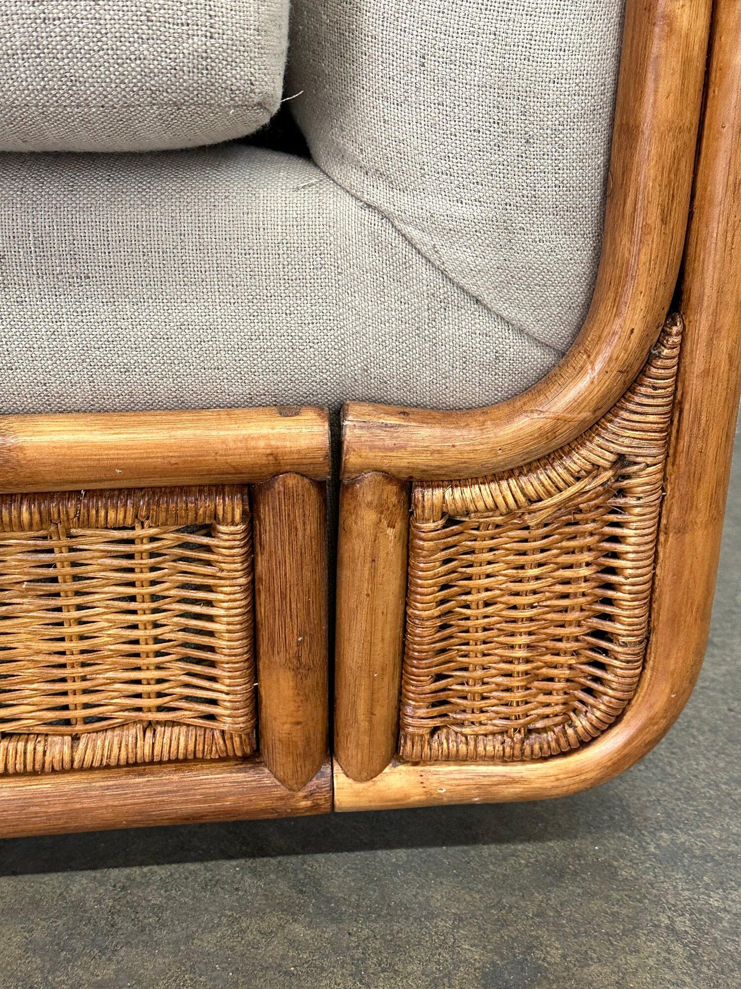 Bohemian Rattan Linen Three Seater Sofa In Good Condition In Los Angeles, CA