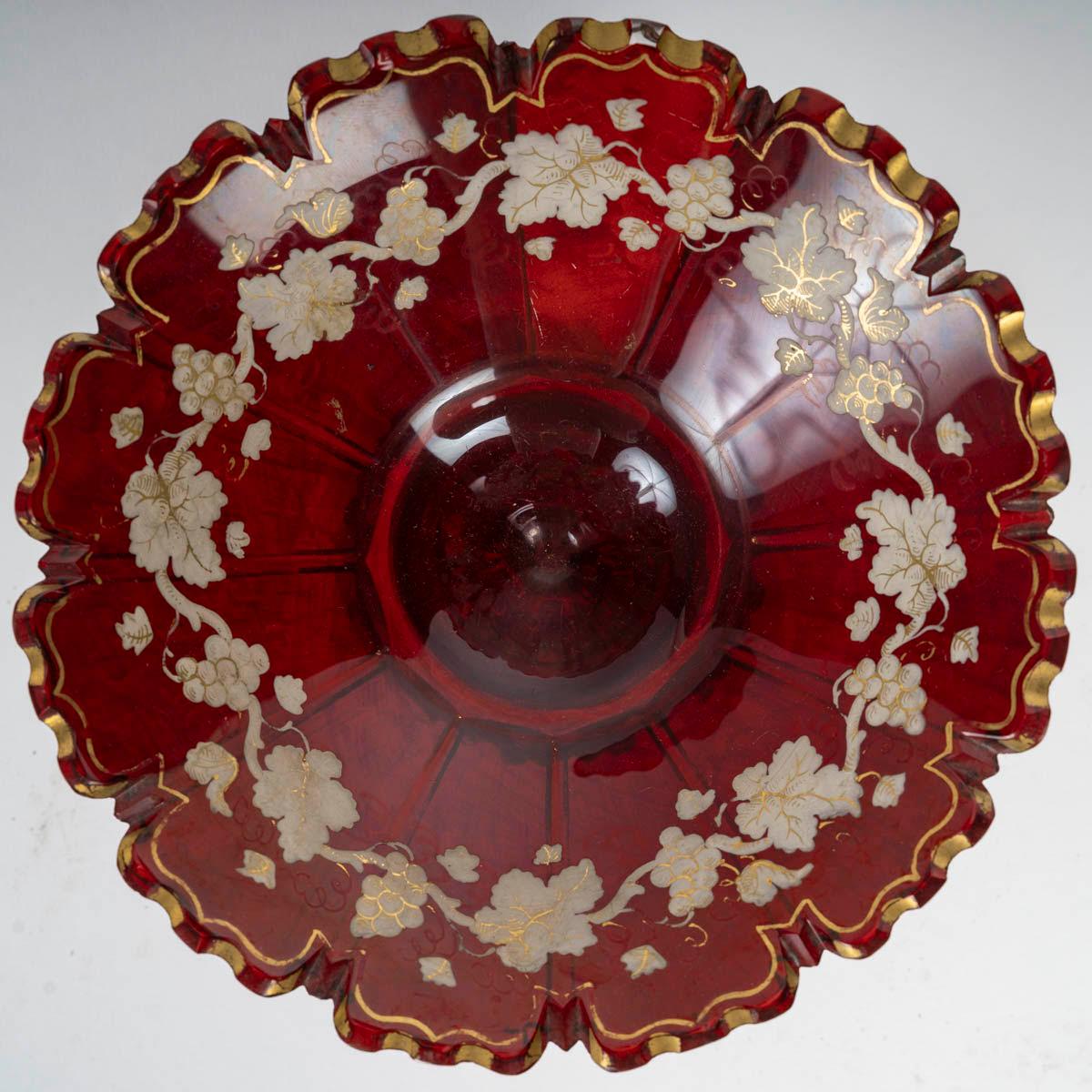 French Bohemian Red Enamelled Crystal Bowl, 19th Century, Napoleon III Period. For Sale