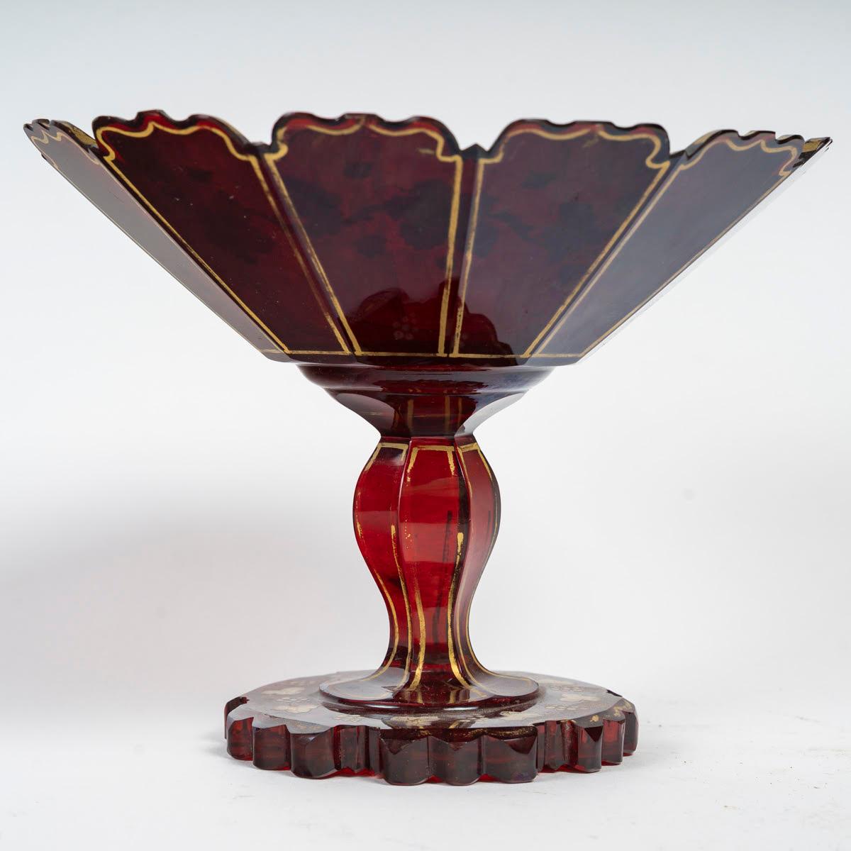 Enameled Bohemian Red Enamelled Crystal Bowl, 19th Century, Napoleon III Period.