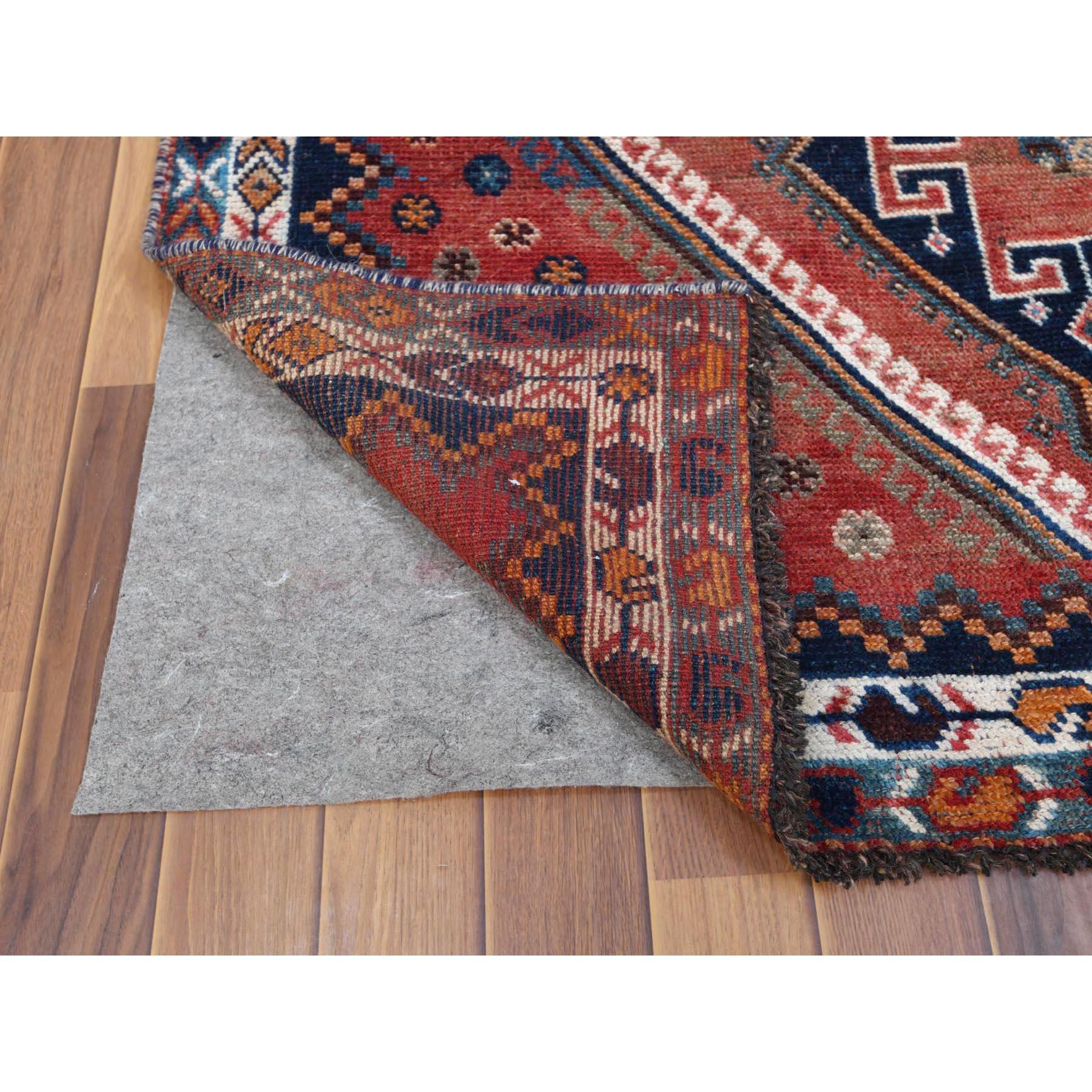 Medieval Bohemian Red Old Persian Shiraz Cropped Down Geometric Design Handmade Rug For Sale
