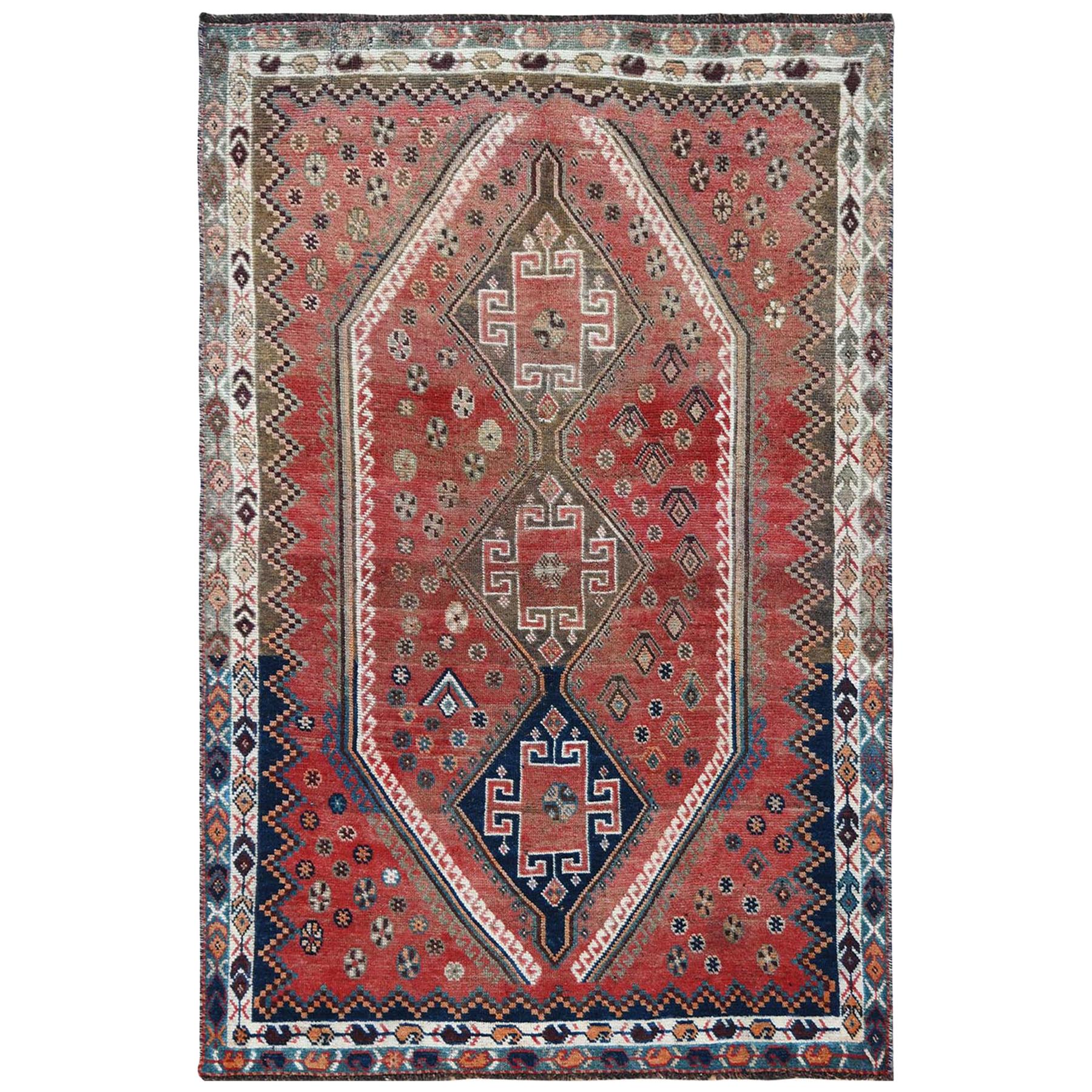 Bohemian Red Old Persian Shiraz Cropped Down Geometric Design Handmade Rug For Sale