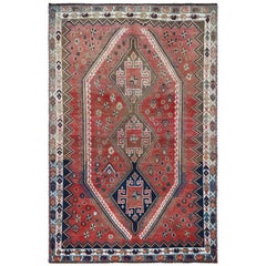 Vintage Bohemian Red Old Persian Shiraz Cropped Down Geometric Design Handmade Rug