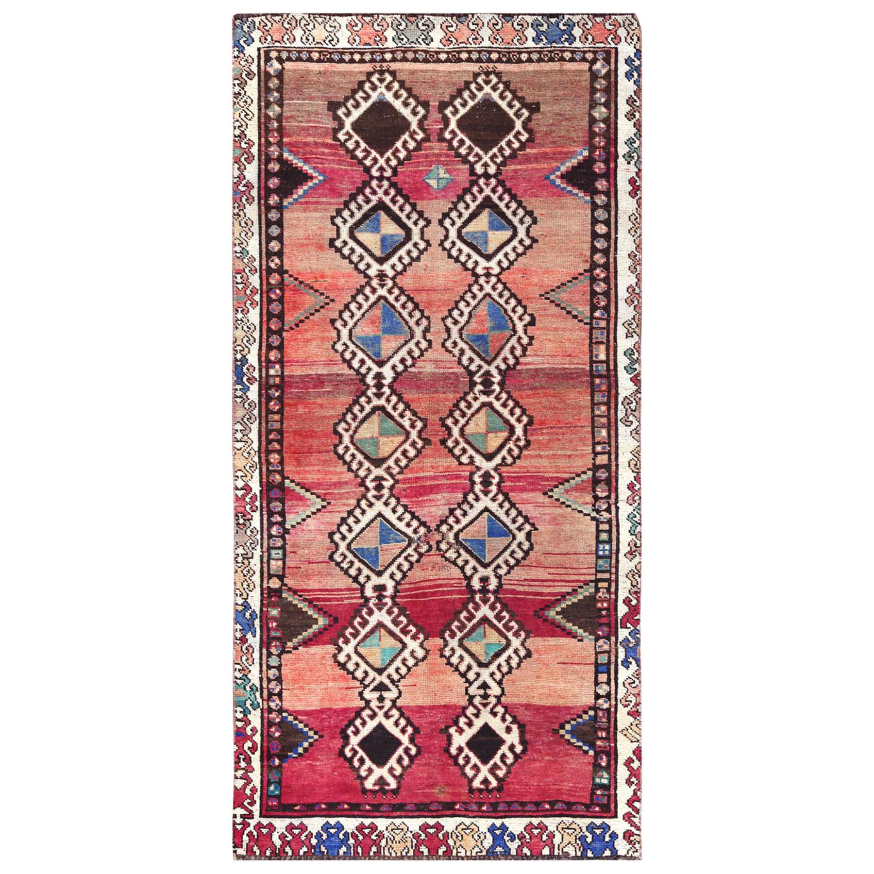 Bohemian Red Persian Shiraz Handmade Wool Old Distressed Gallery Size Runner Rug For Sale