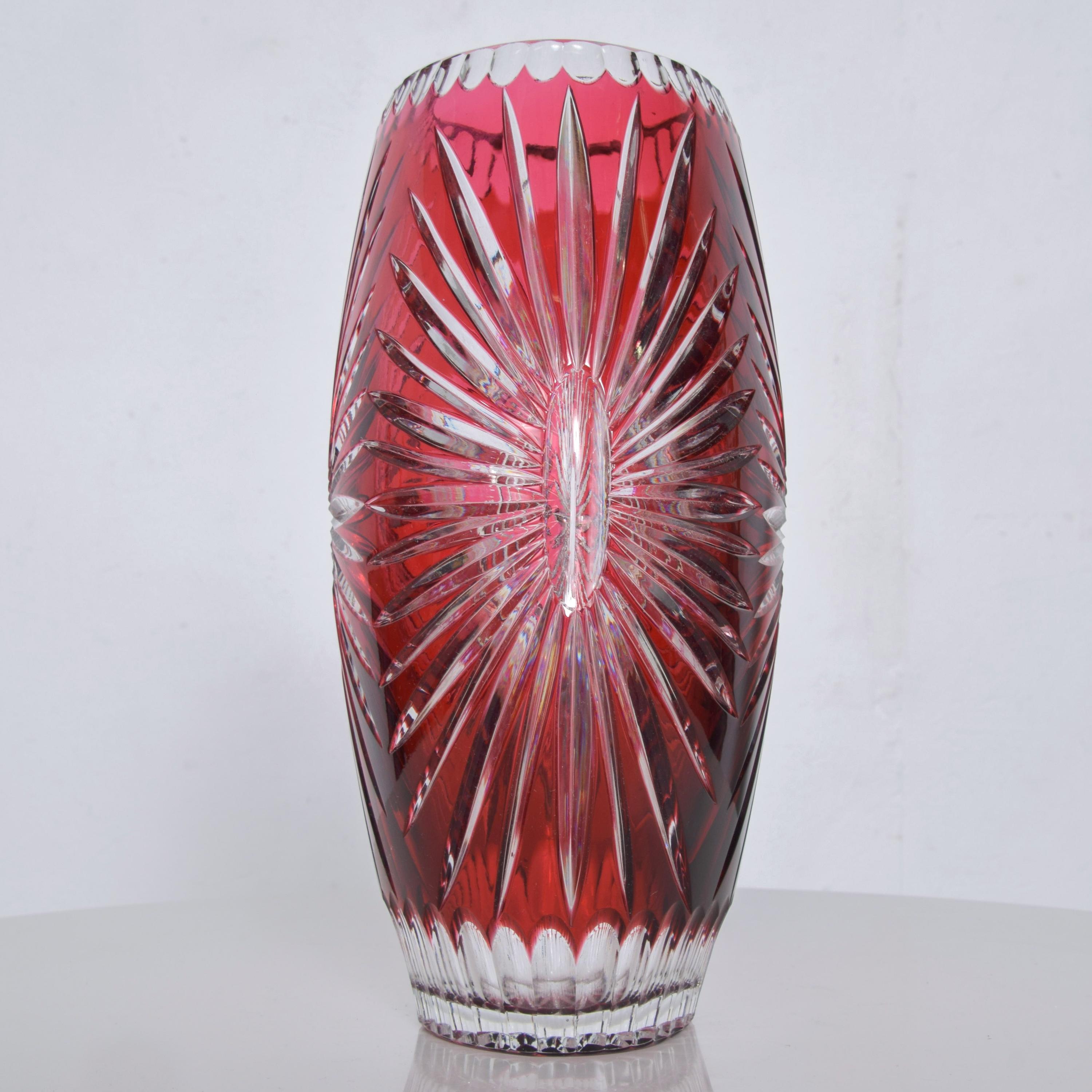 Aesthetic Movement Bohemian Red Ruby Cut Clear Crystal Glass Vase Hungary Czech Art Style of Ajka