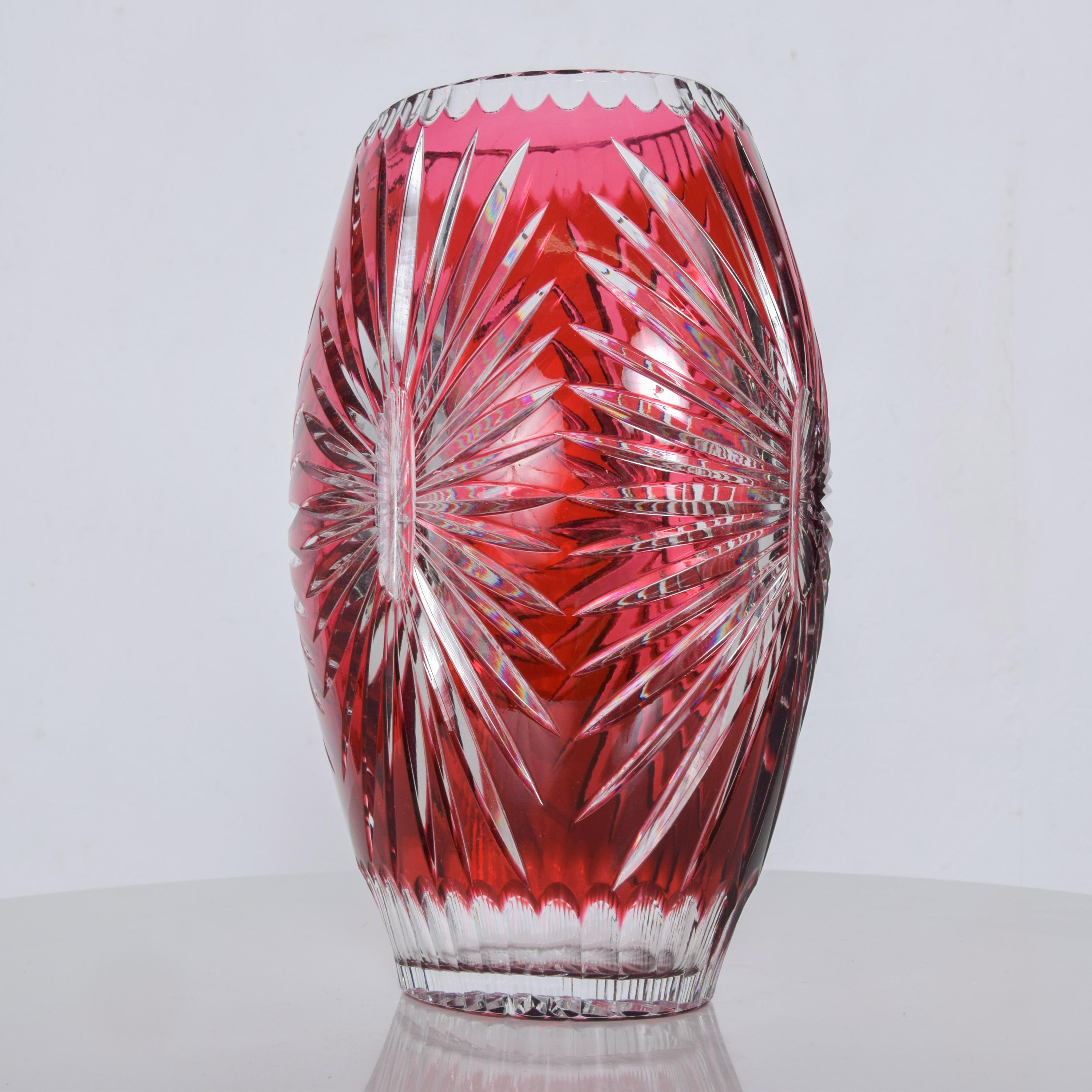 Hungarian Bohemian Red Ruby Cut Clear Crystal Glass Vase Hungary Czech Art Style of Ajka