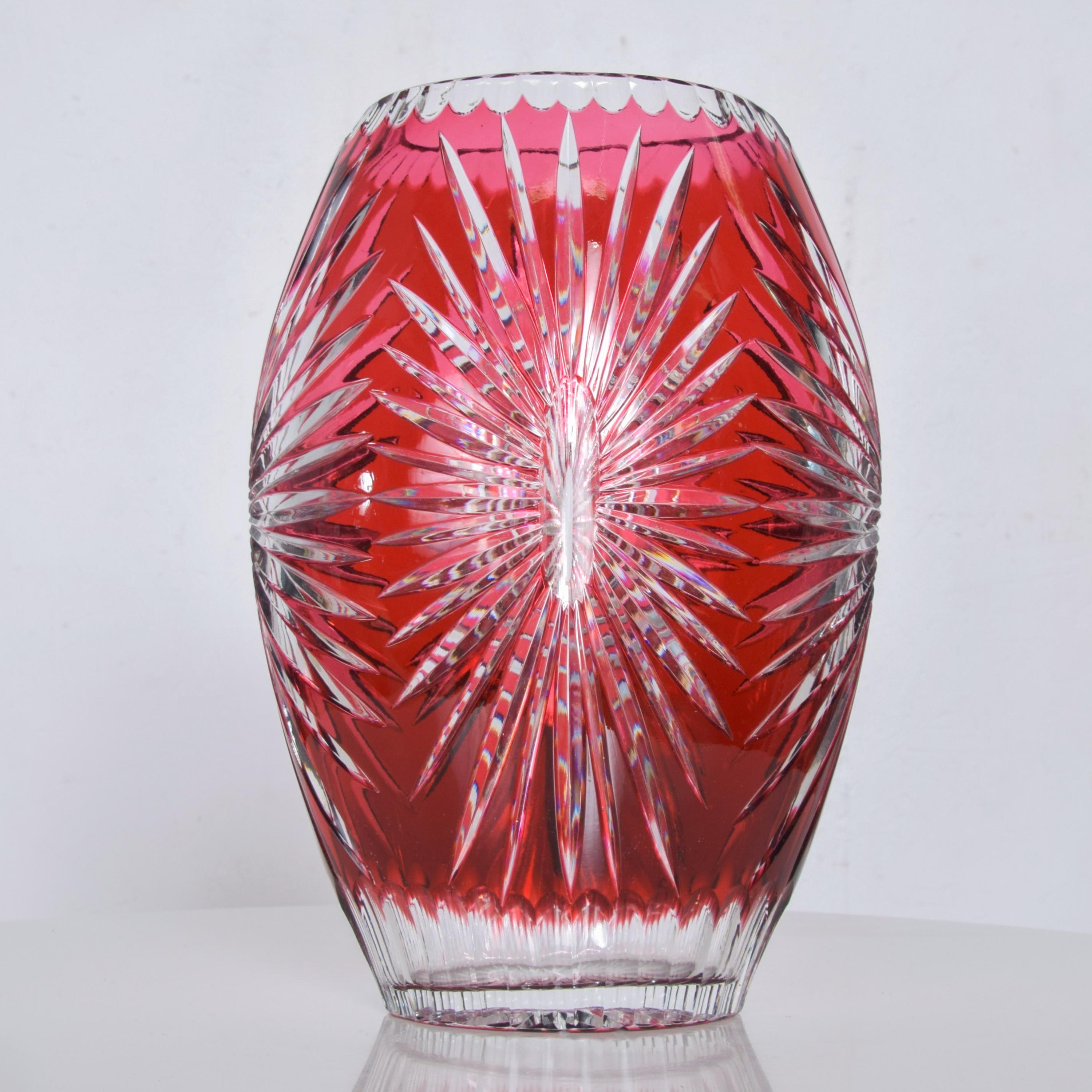 Late 20th Century Bohemian Red Ruby Cut Clear Crystal Glass Vase Hungary Czech Art Style of Ajka