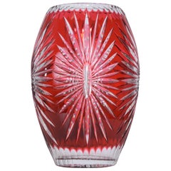 Vintage Bohemian Red Ruby Cut Clear Crystal Glass Vase Hungary Czech Art Style of Ajka