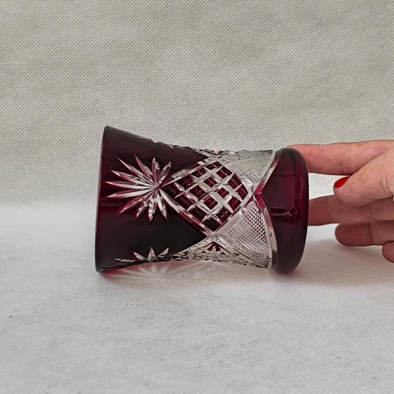 Bohemian Red Ruby Cut to Clear Crystal Glass Vase – Starburst and Lattice Motif For Sale 1