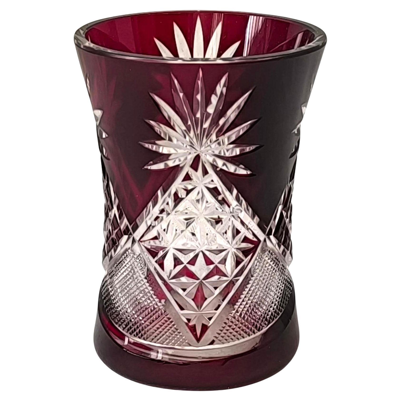 Bohemian Red Ruby Cut to Clear Crystal Glass Vase – Starburst and Lattice Motif For Sale