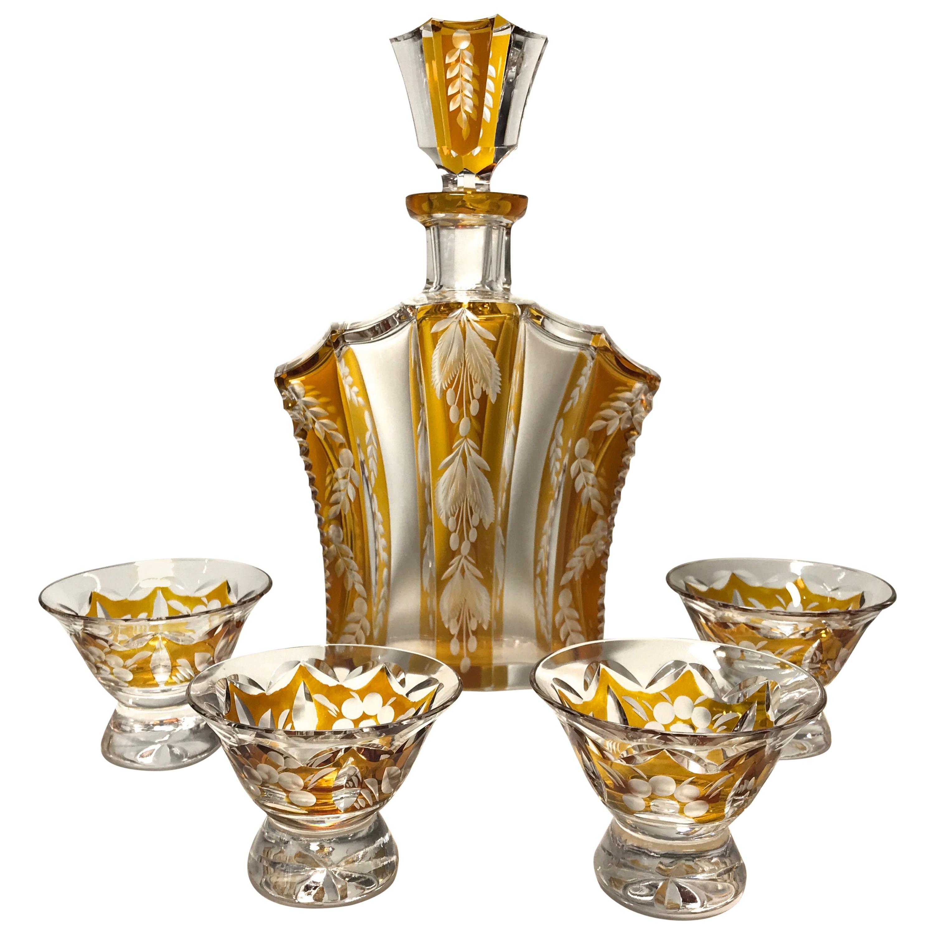 Bohemian Rich Amber Flashed Czech Glass Liqueur Deco Decanter Set c1930's