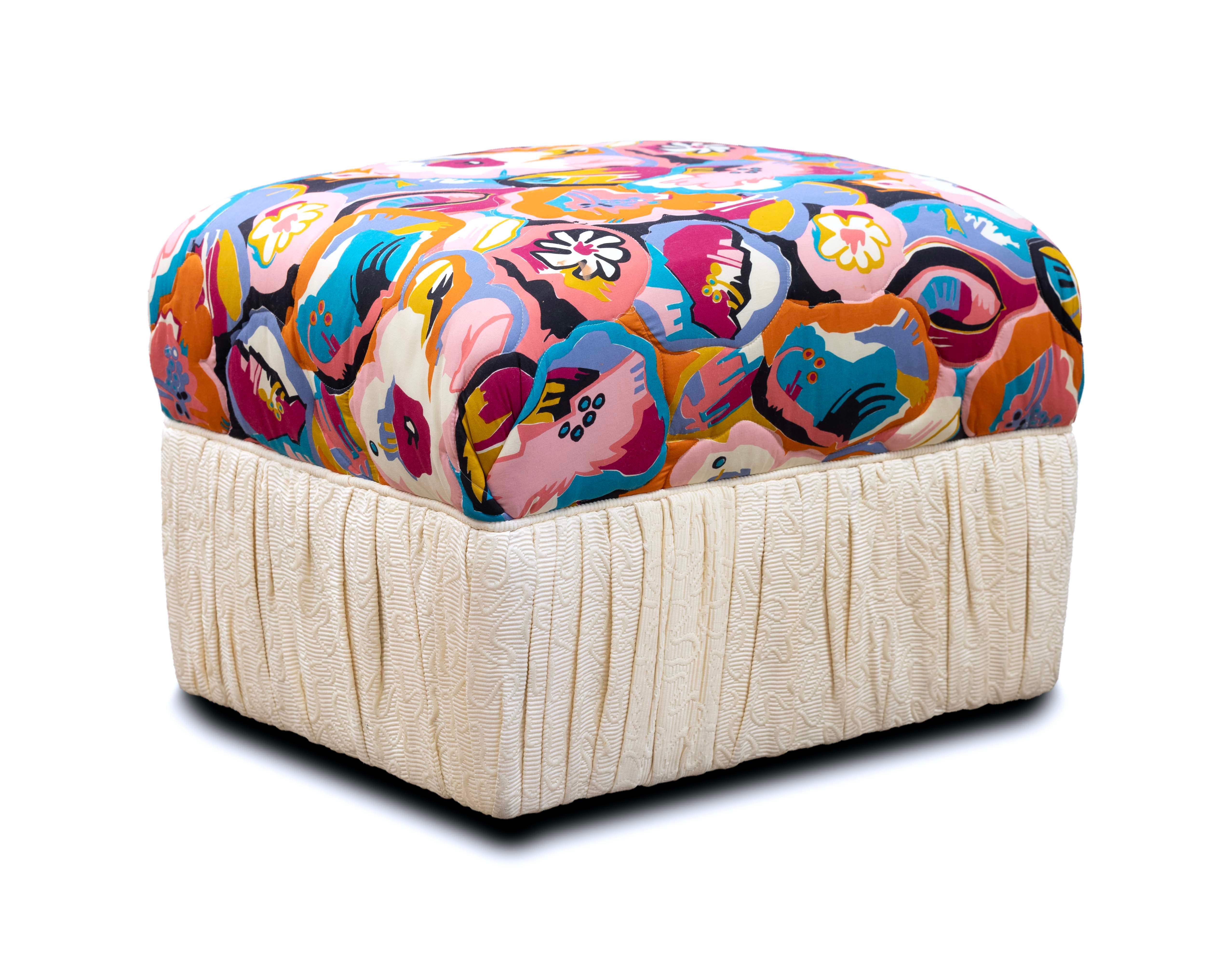 20th Century Bohemian Roche Bobois Style Floral Rolling Ottoman Pouf Bench on Casters