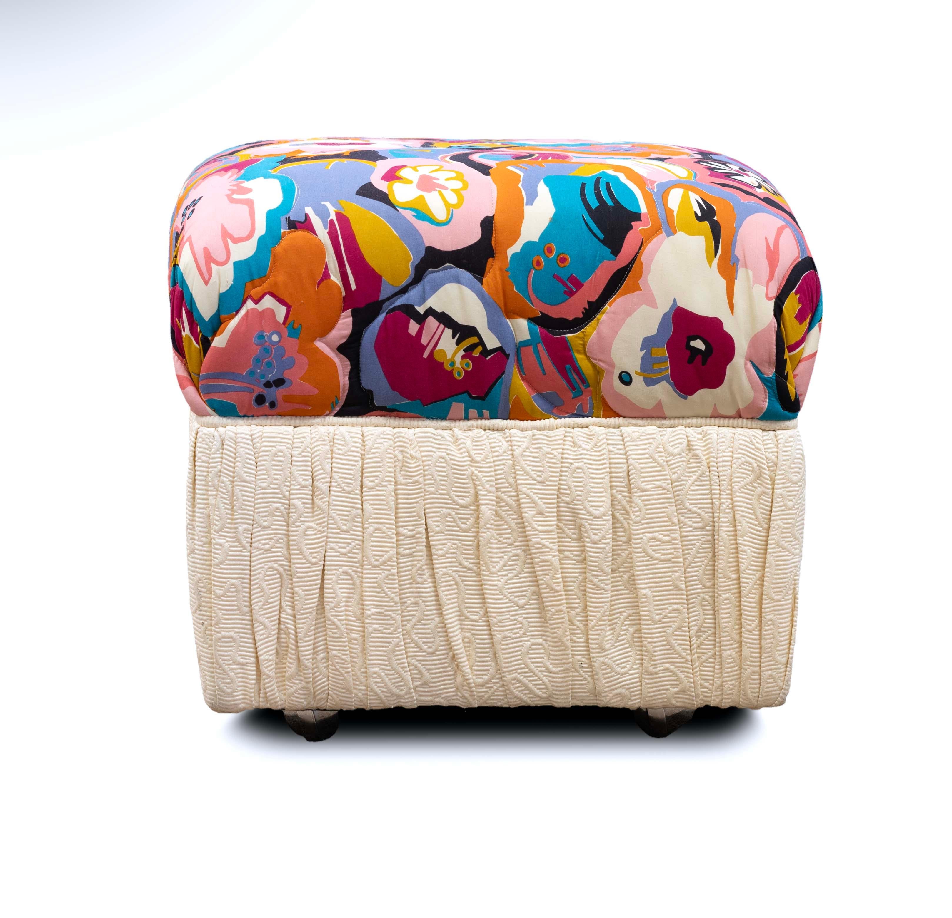 Fabric Bohemian Roche Bobois Style Floral Rolling Ottoman Pouf Bench on Casters