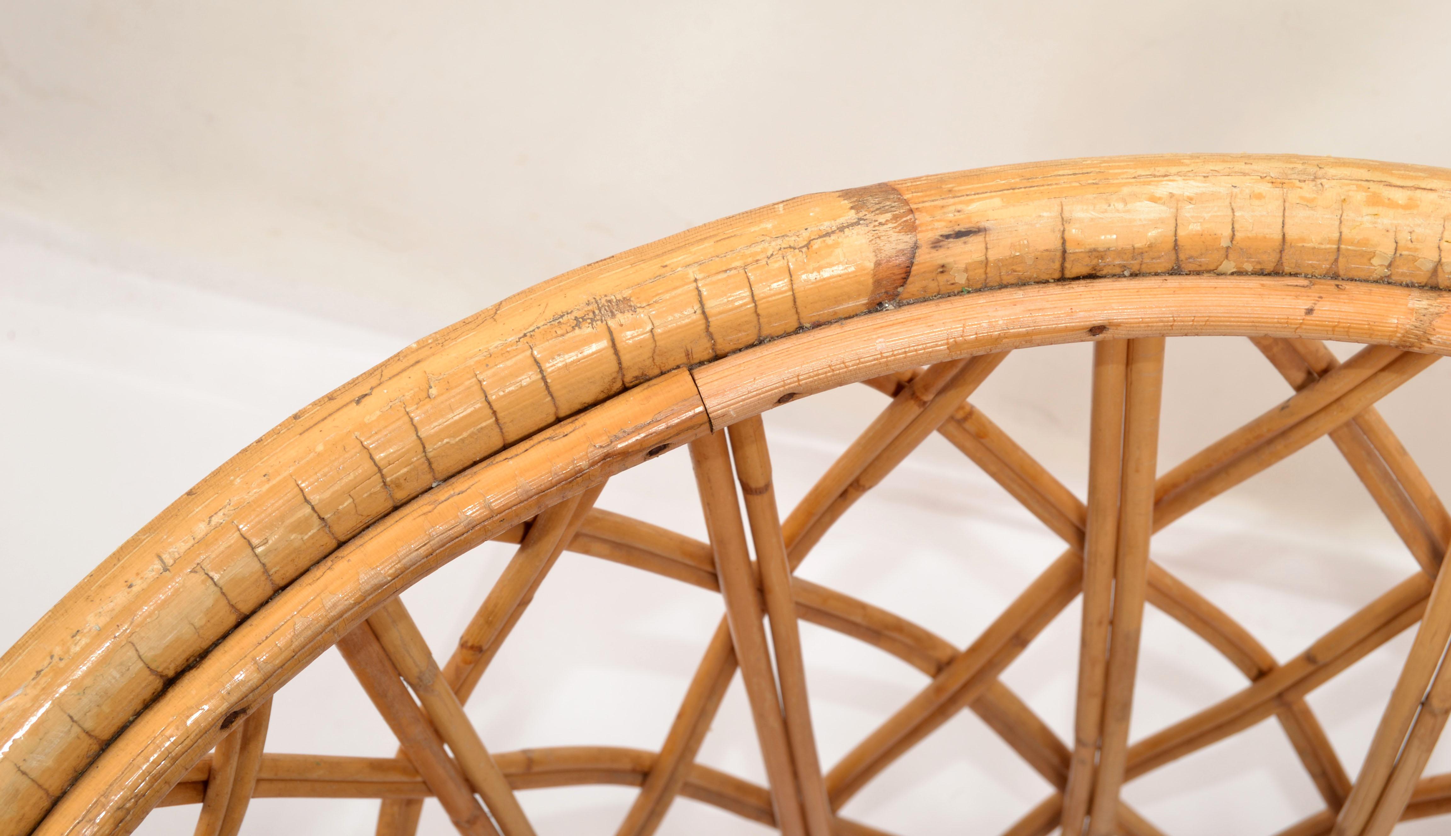 Bohemian Round Bend Bambo Rattan Reed, Wicker Coffee or Cocktail Table Glass Top For Sale 6